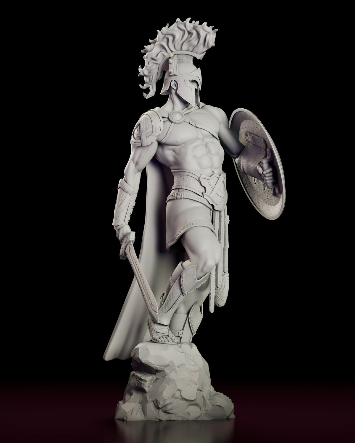 Right side view of Ares with the cape behind him and his foot planted on the rock