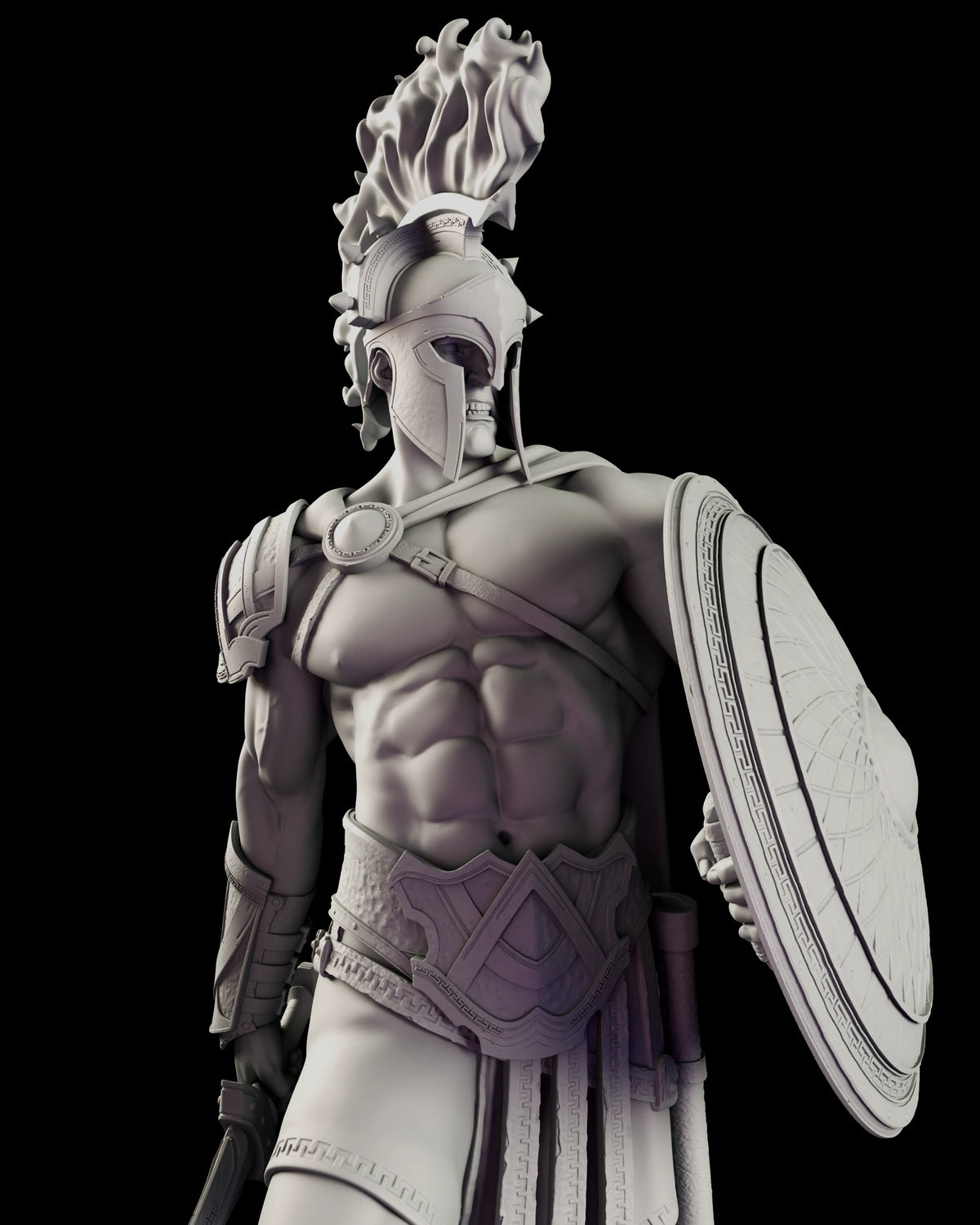 Close view of Ares showing the strapped bare torso, war belt and round patterned shield
