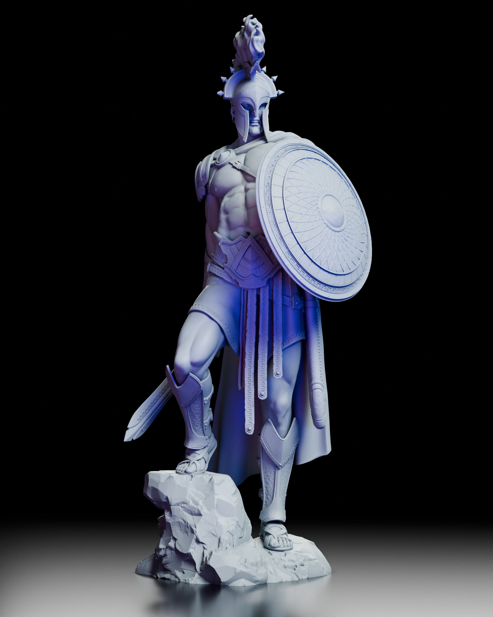 Front view of Ares, The Warbringer resin figure kit sculpted by CA3D Art, showing shield raised and sword ready for battle
