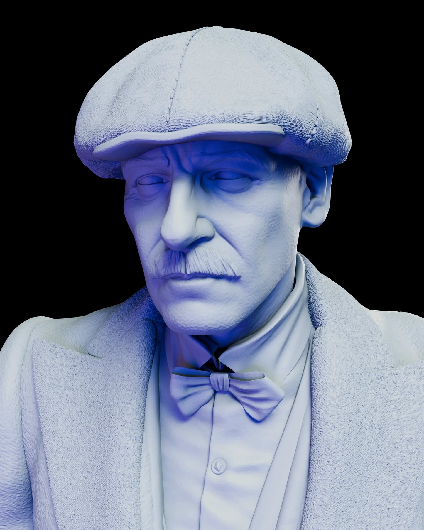 Close-up portrait of Arthur Shelby figure model kit wearing a flat cap and bow tie, emphasizing stern expression and realistic period clothing textures