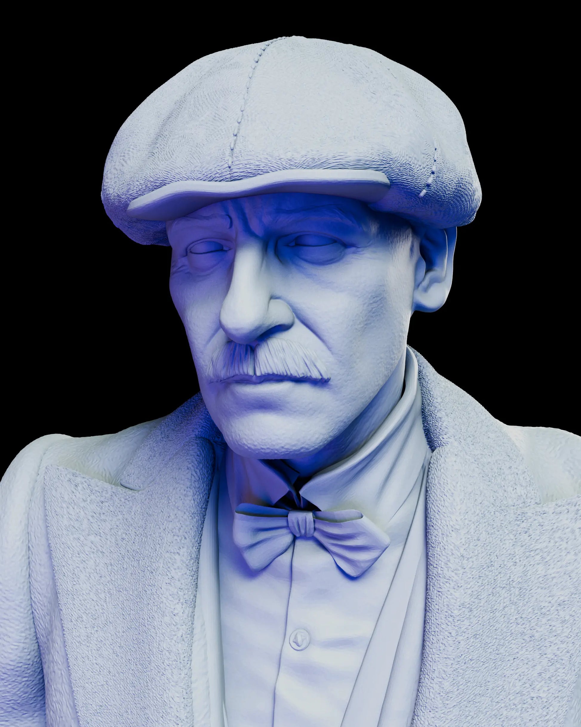 Close-up portrait of Arthur Shelby figure model kit wearing a flat cap and bow tie, emphasizing stern expression and realistic period clothing textures