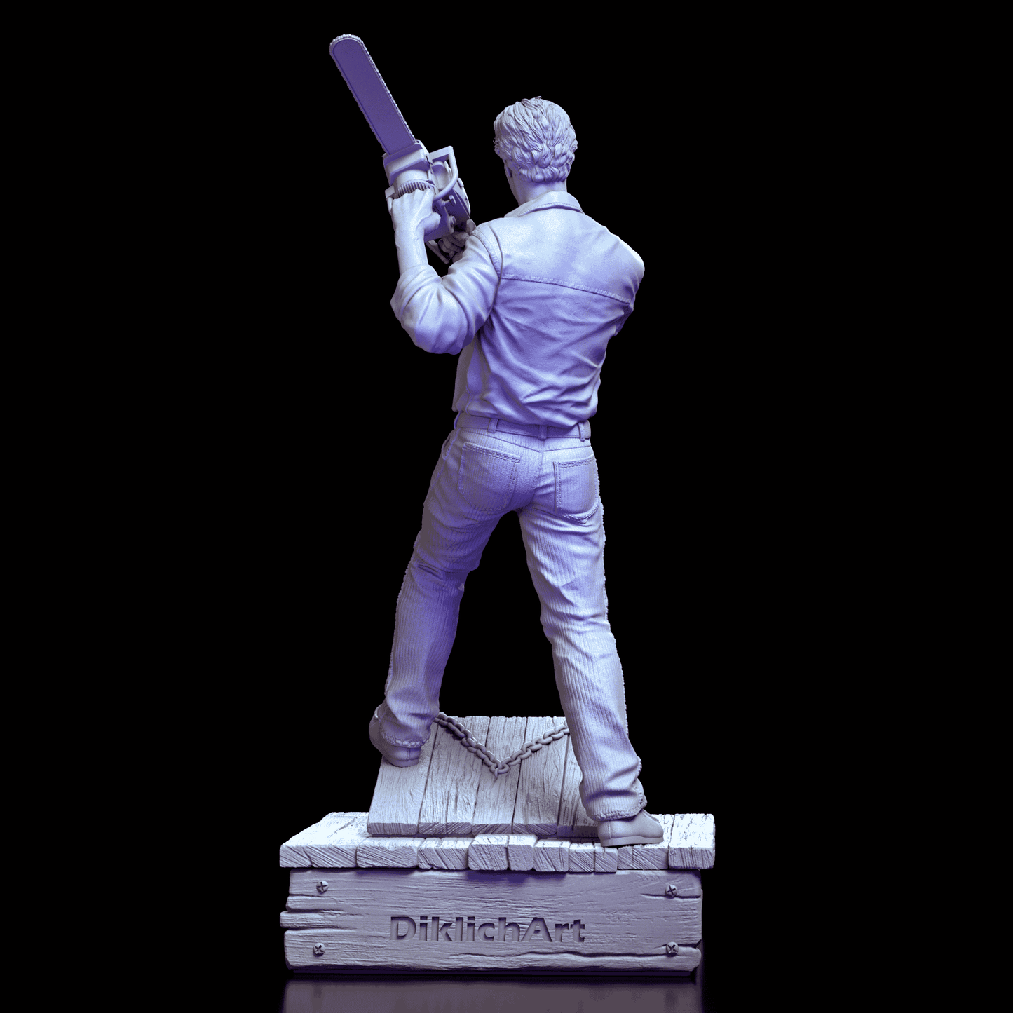 Rear view of Ash Evil Dead figure model kit showcasing sculpted jacket detail and wood plank base