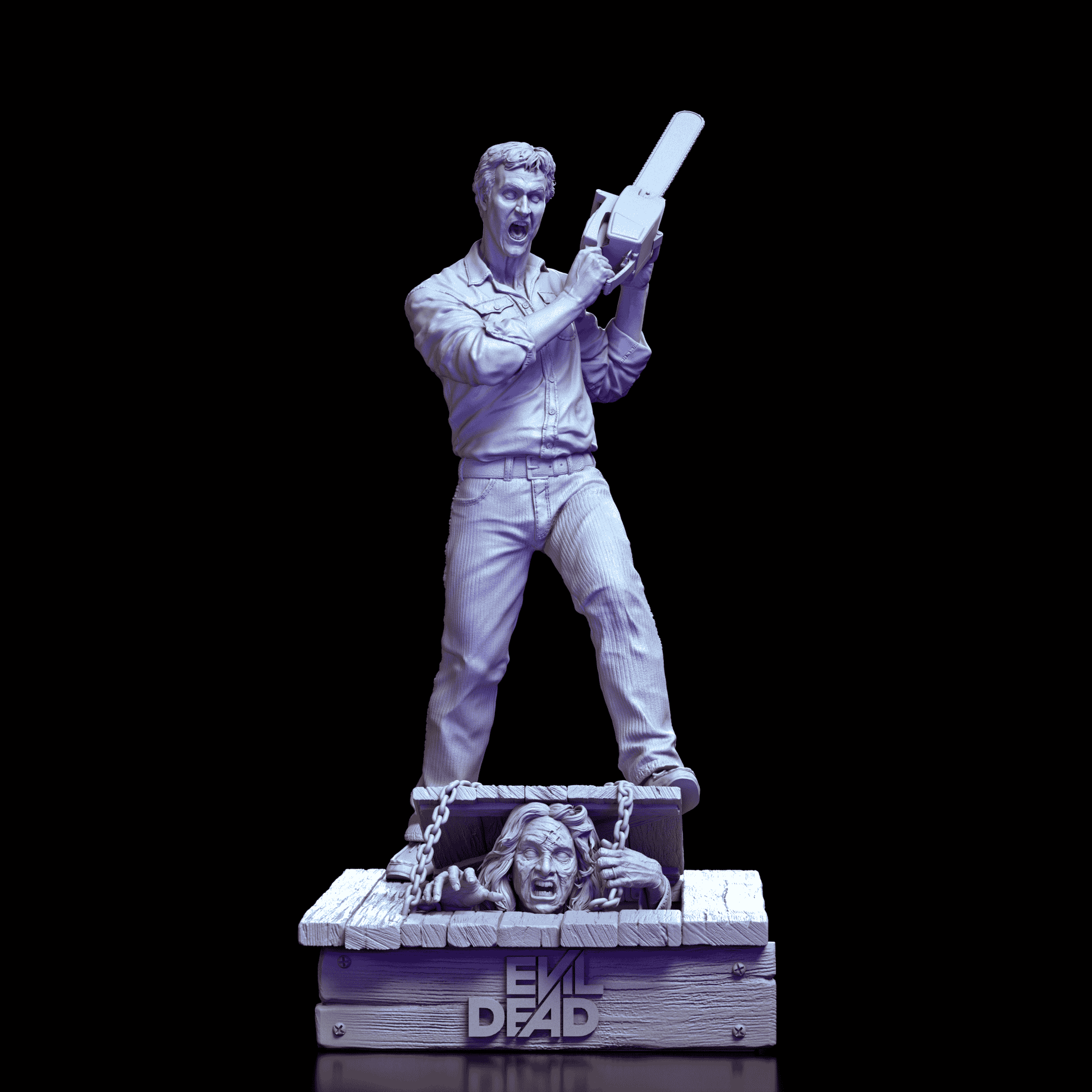Front view of Ash Evil Dead resin figure holding a chainsaw with deadite bursting from cellar base