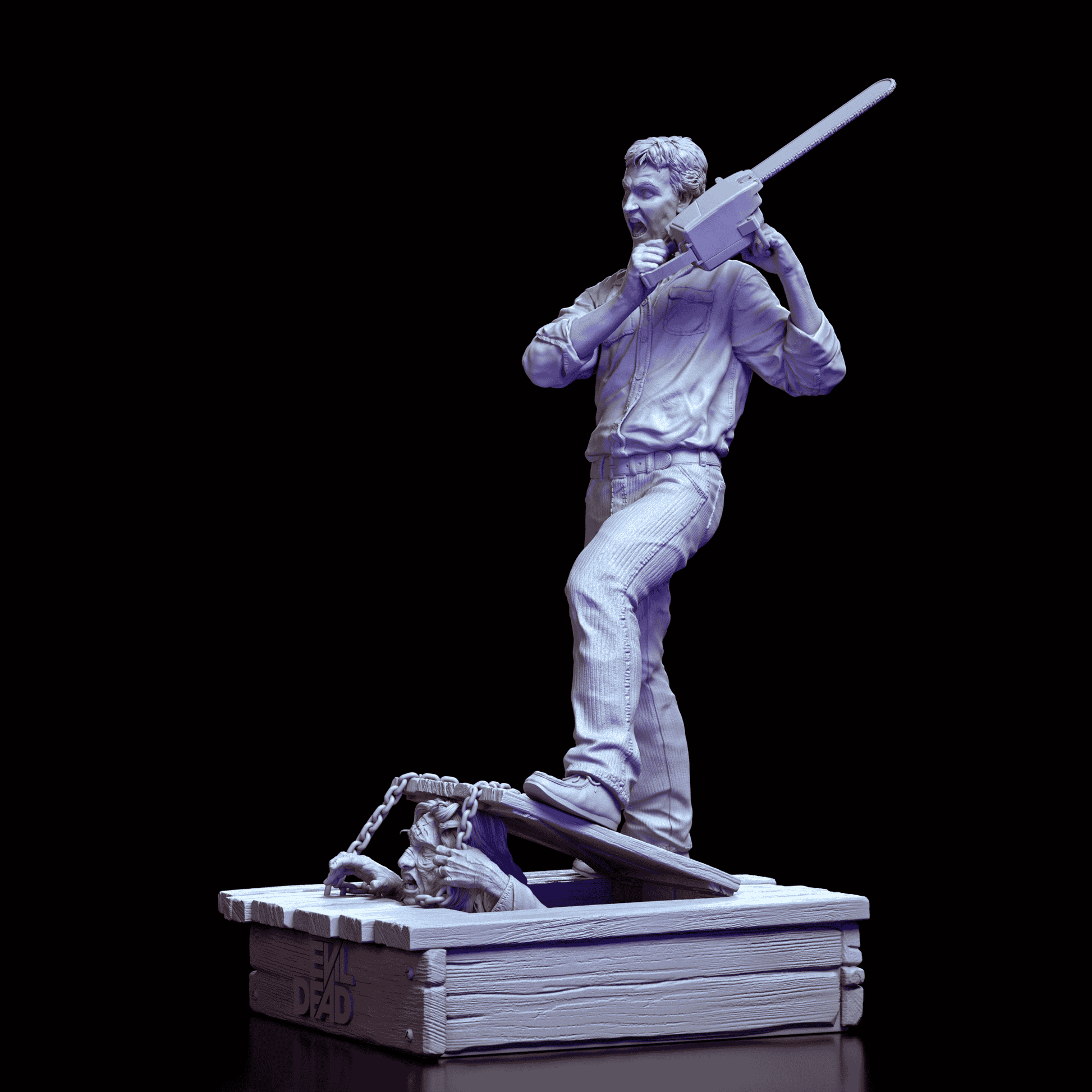 Left angle of Ash Evil Dead maquette showing detailed sculpt and dynamic chainsaw pose