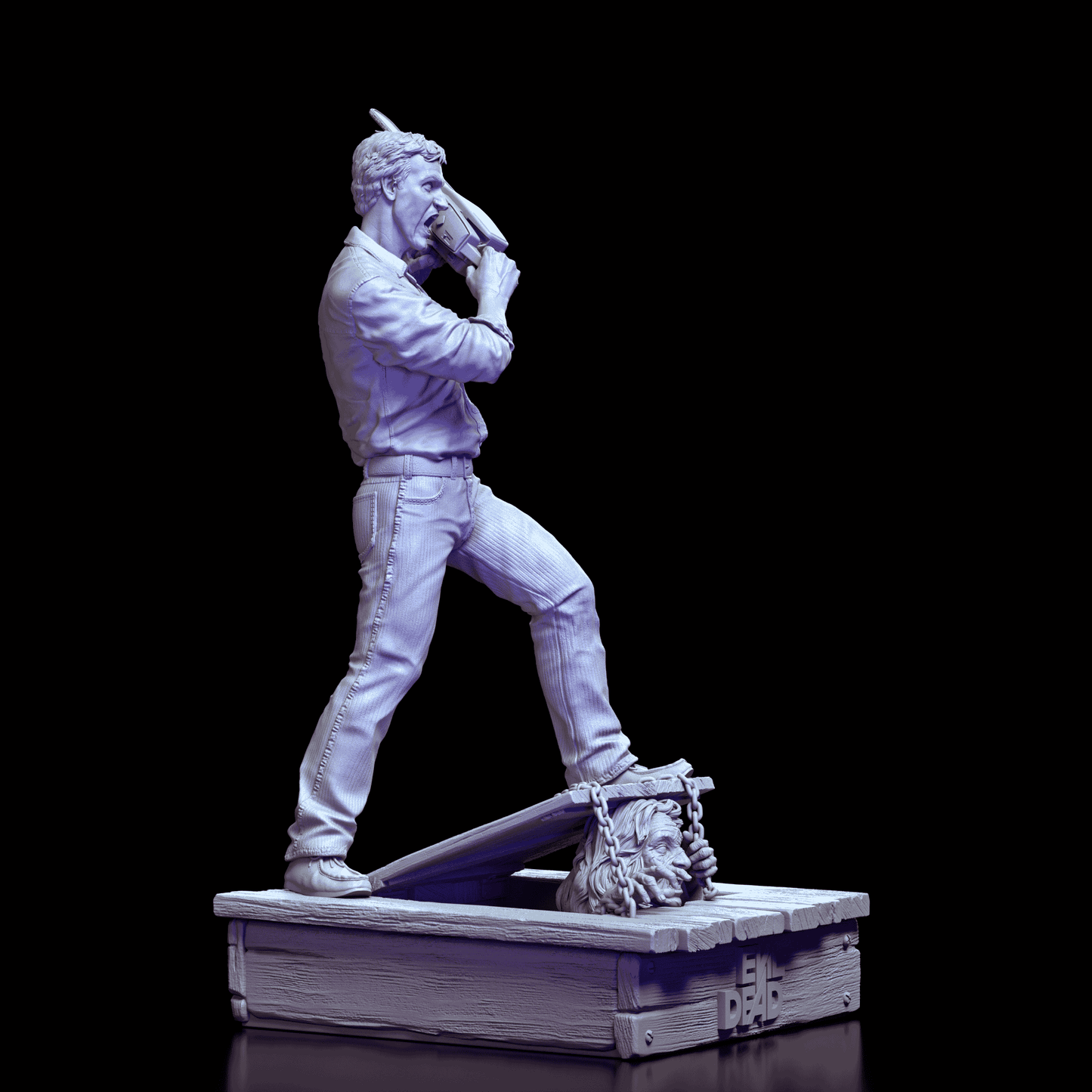 Right angle of Ash resin figure from Evil Dead with raised chainsaw and intense expression