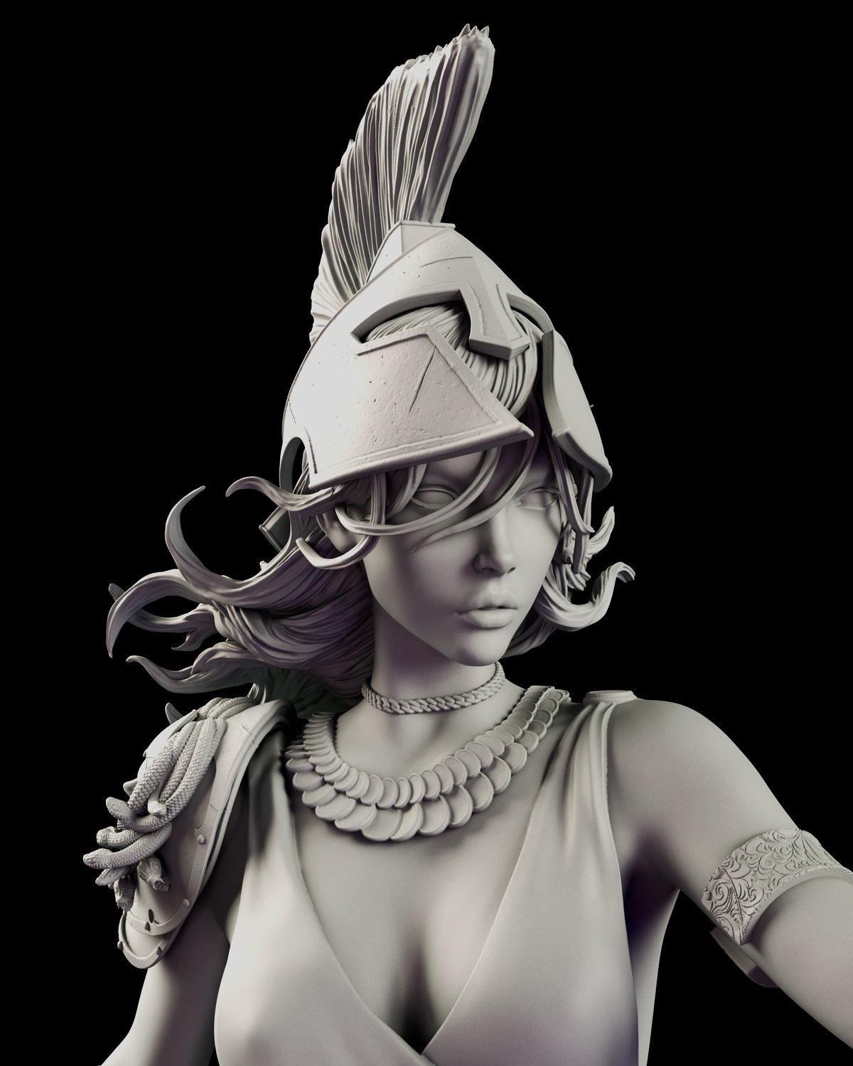 Portrait of Athena showing the crested helmet pushed back, loose waves of hair and serpents coiled at her shoulder