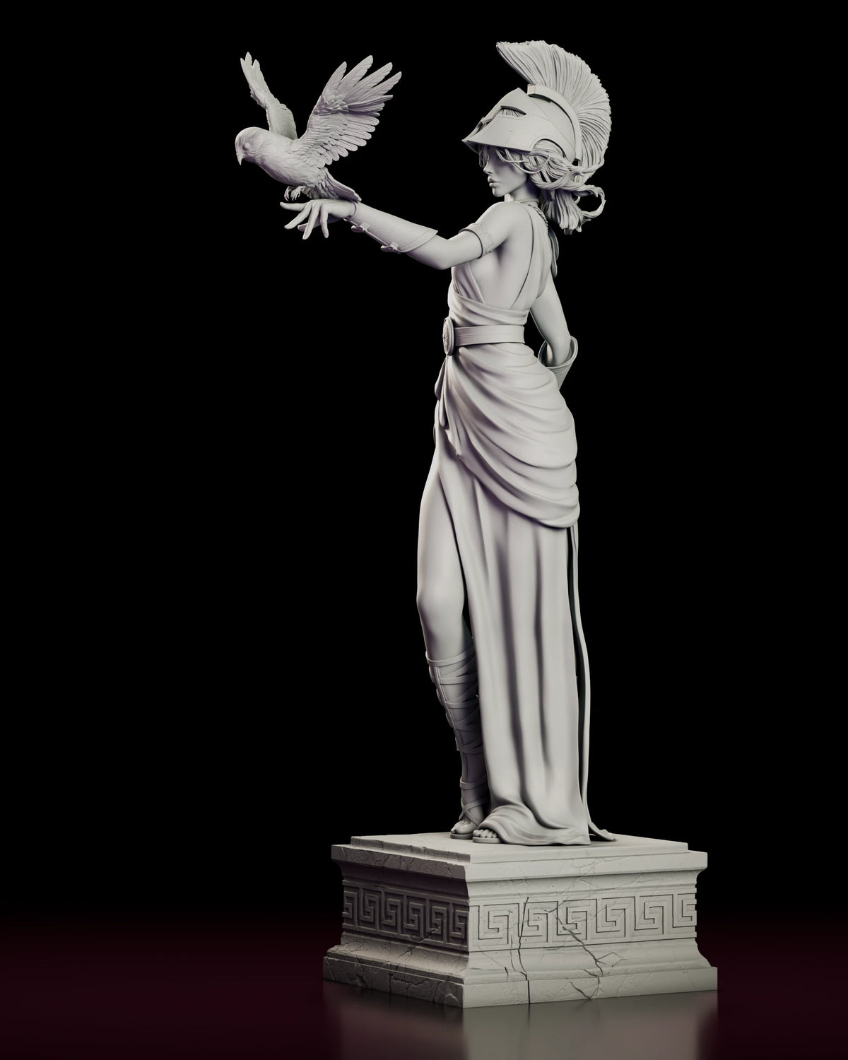 Left side view of Athena showing the draped dress, laced sandal and the owl spreading its wings