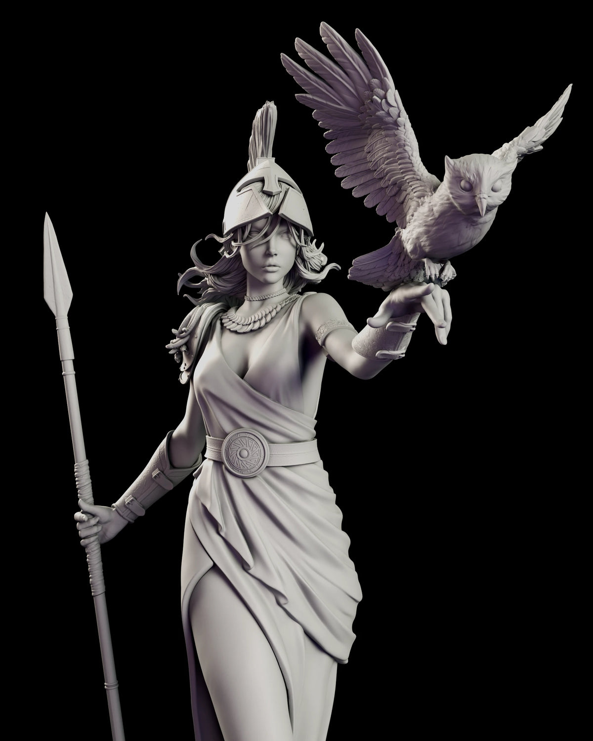Close view of Athena with her crested helmet, layered necklaces and the owl spreading its wings above her hand