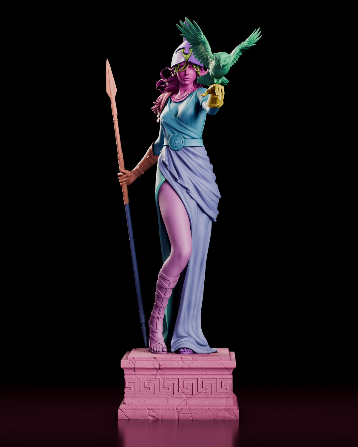 Parts breakdown of the Athena figure model kit with figure, spear, helmet, owl and plinth shown in separate colours