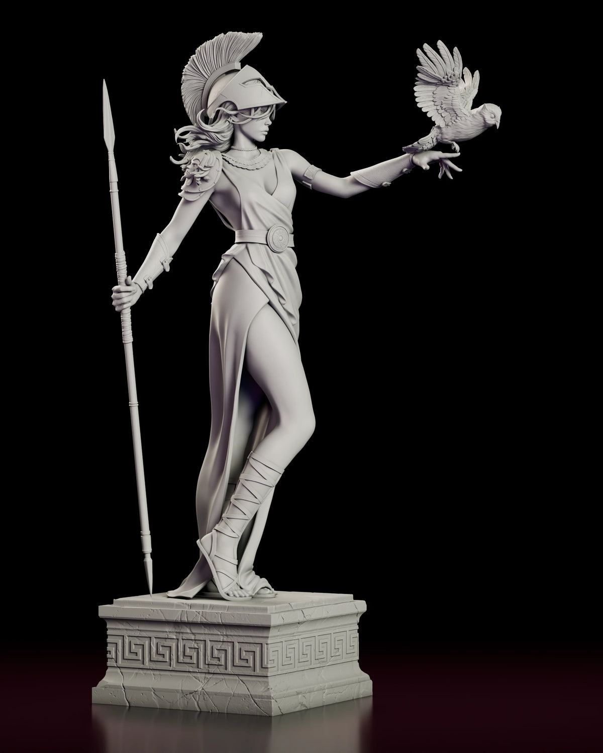Right side view of Athena with her arm extended and the owl lifting off, spear held upright beside her