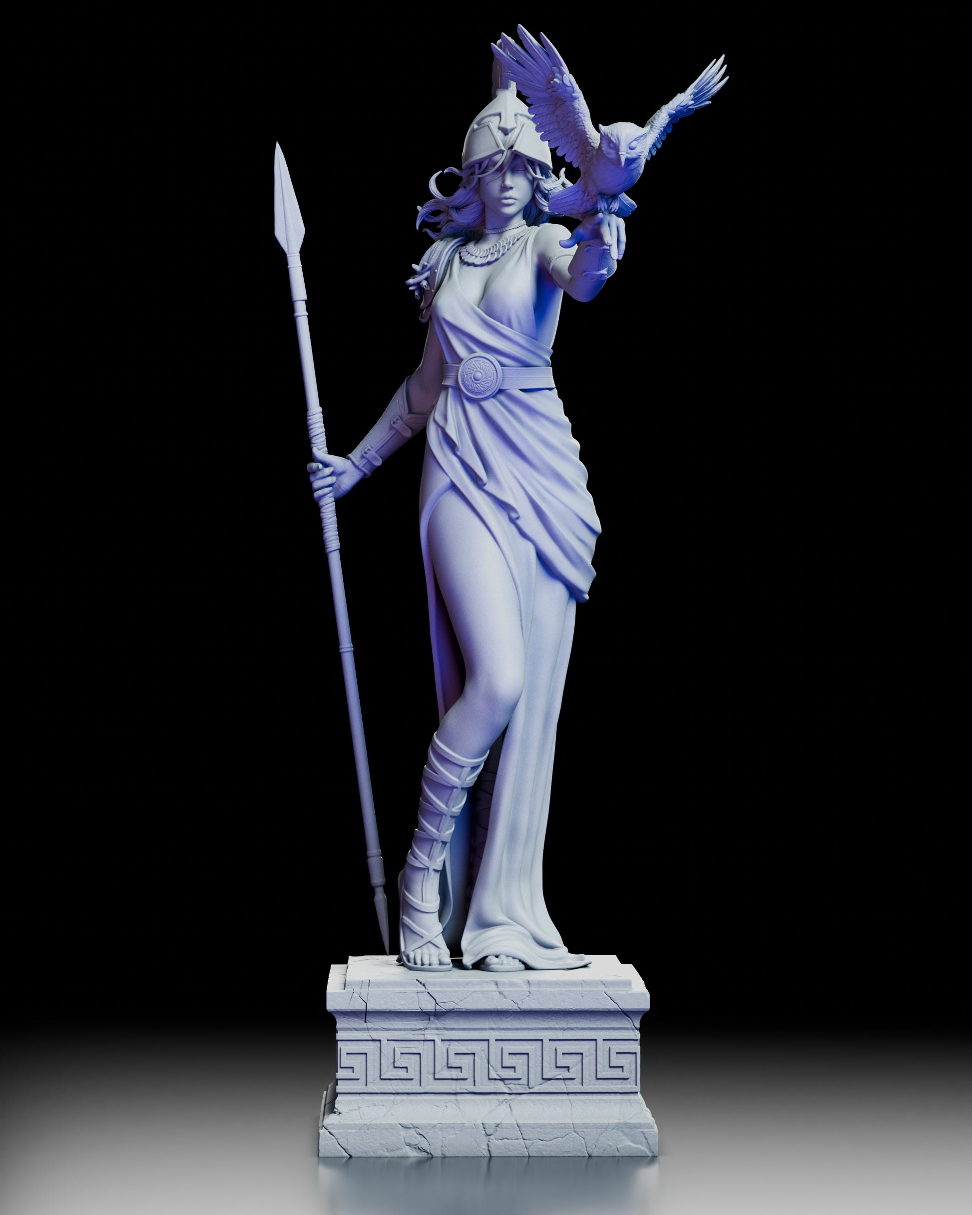 Front view of Athena Keeper of Wisdom figure kit holding a spear with owl perched on her arm
