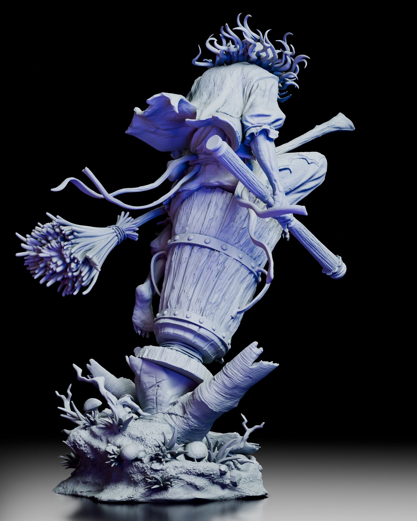 Rear view of the Baba Yaga Figure Kit showing her in flight atop her mortar with flowing hair and dynamic pose
