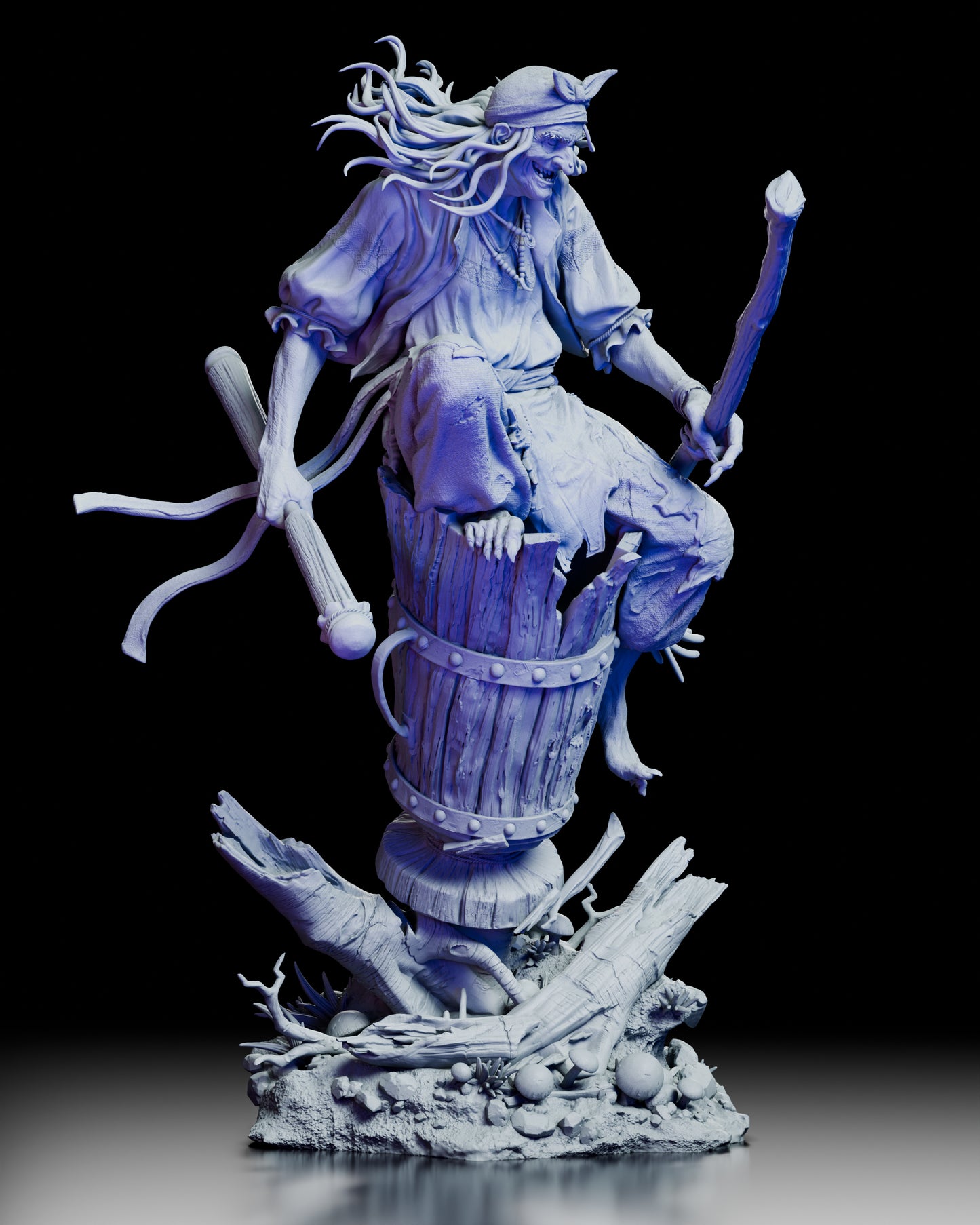 Right side angle of the Baba Yaga sculpture showcasing the intricate wood texture of her mortar and dynamic posture