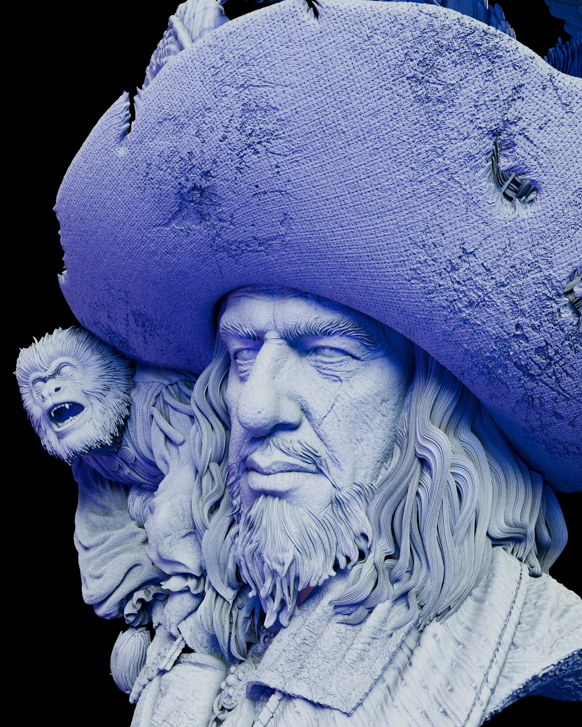 Close-up of Captain Hector Barbosa Bust Kit’s portrait capturing realistic facial detail, intricate beard, and hat textures