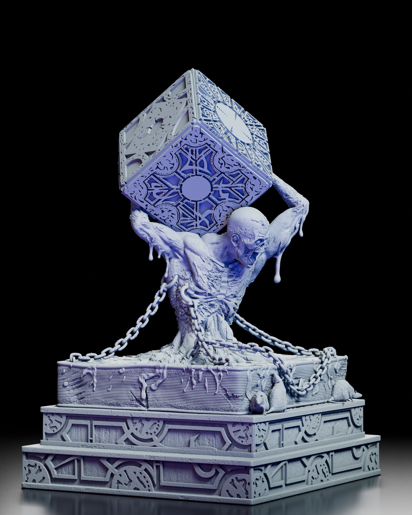Right side view of the Bearer of the Lament resin kit showing detailed musculature, chains, and puzzle box structure.
