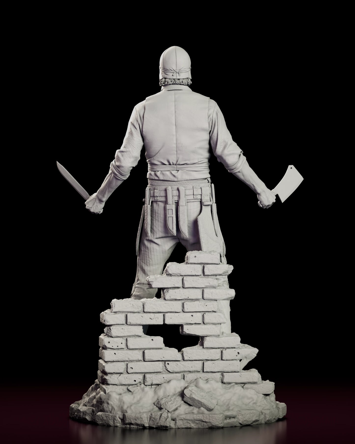 Rear view of the Bill the Butcher figure model kit showing the cut of the waistcoat, the belt and the broken brickwork of the base