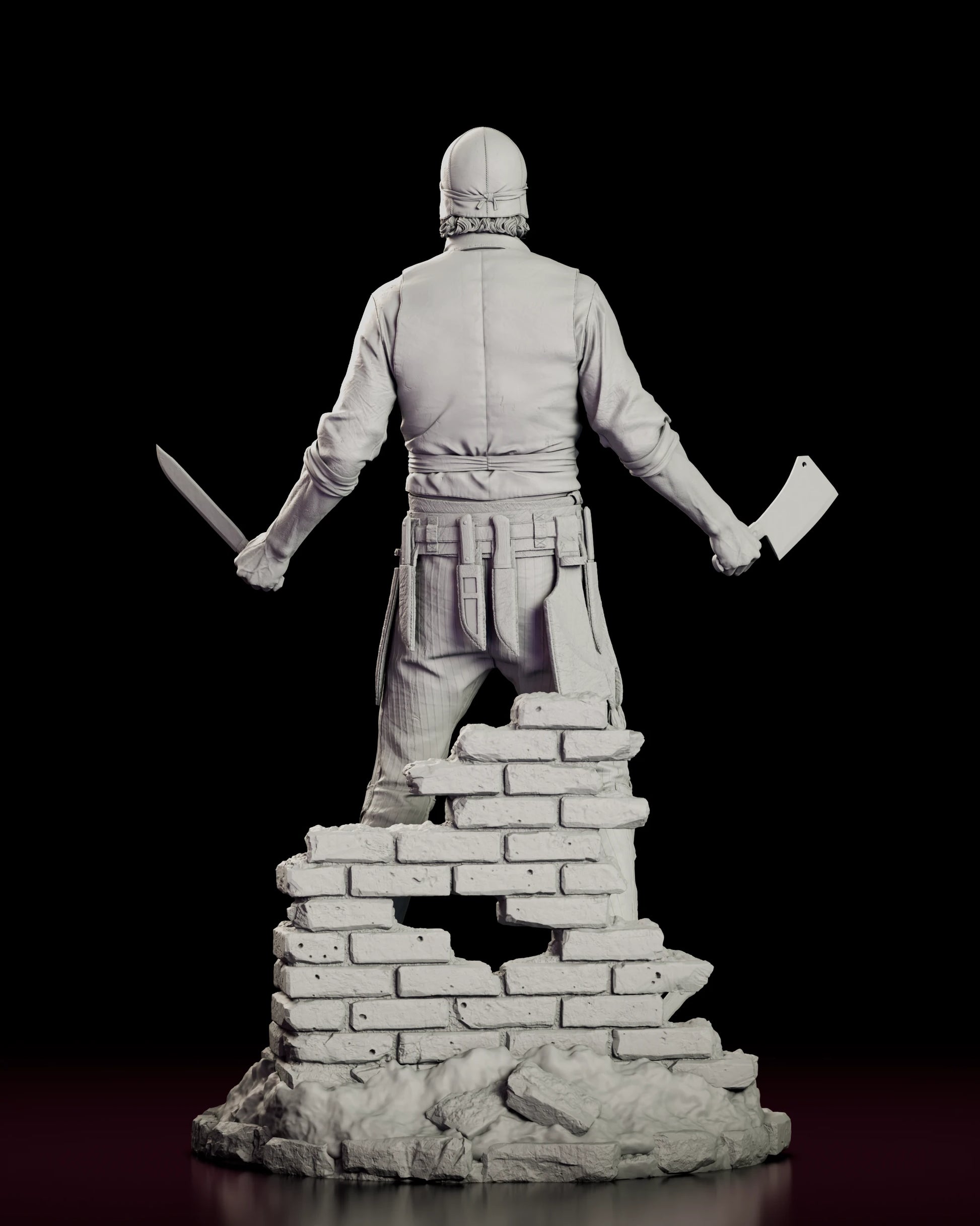 Rear view of the Bill the Butcher figure model kit showing the cut of the waistcoat, the belt and the broken brickwork of the base