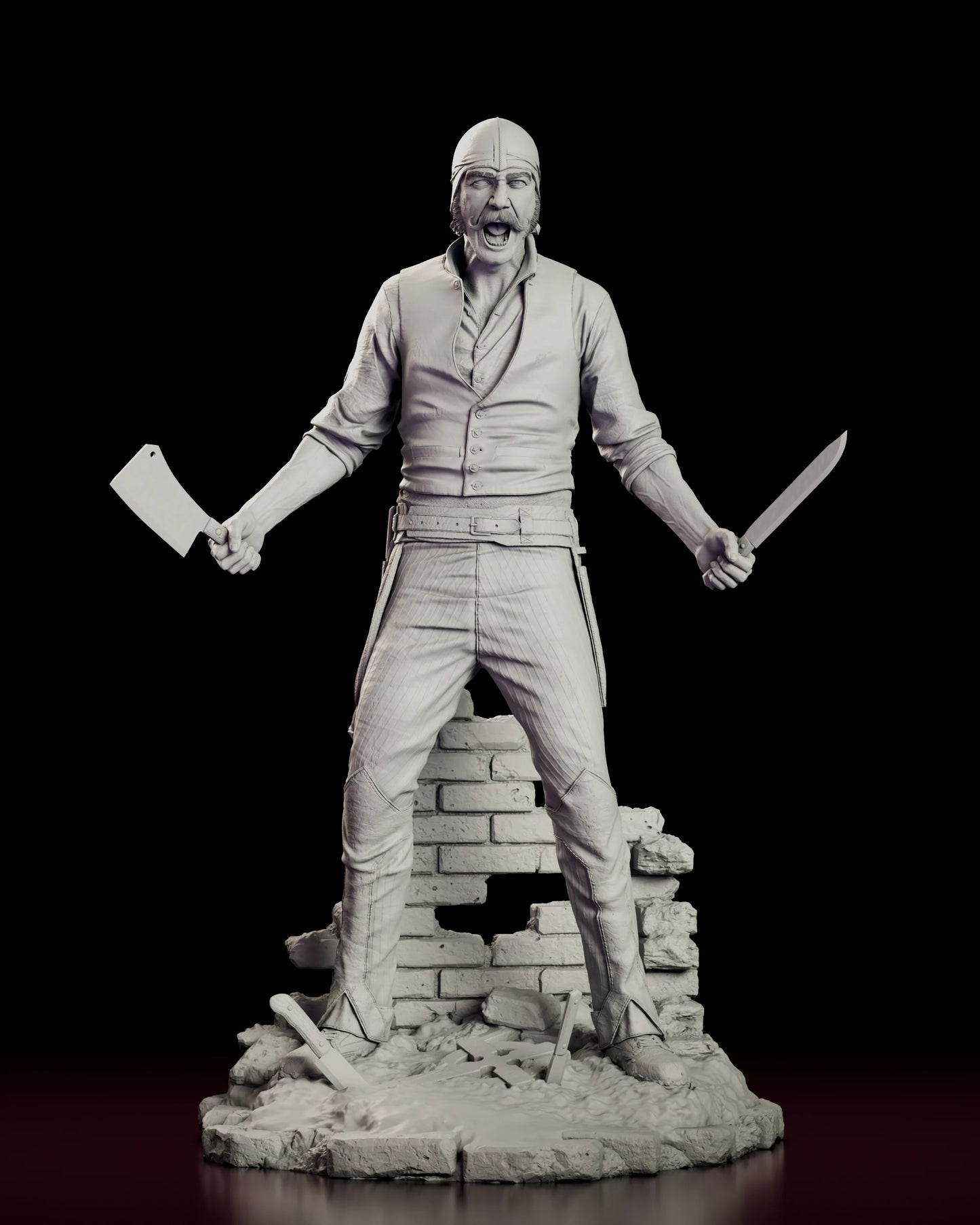 Front view of the Bill the Butcher figure model kit with arms flung wide, a cleaver in one hand and a long knife in the other above a ruined brick wall