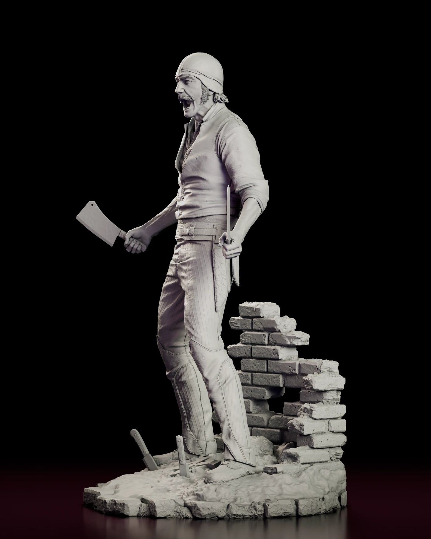 Left side view of the Bill the Butcher figure model kit showing the knife held out at arm's length and the blades standing in the cobbled base
