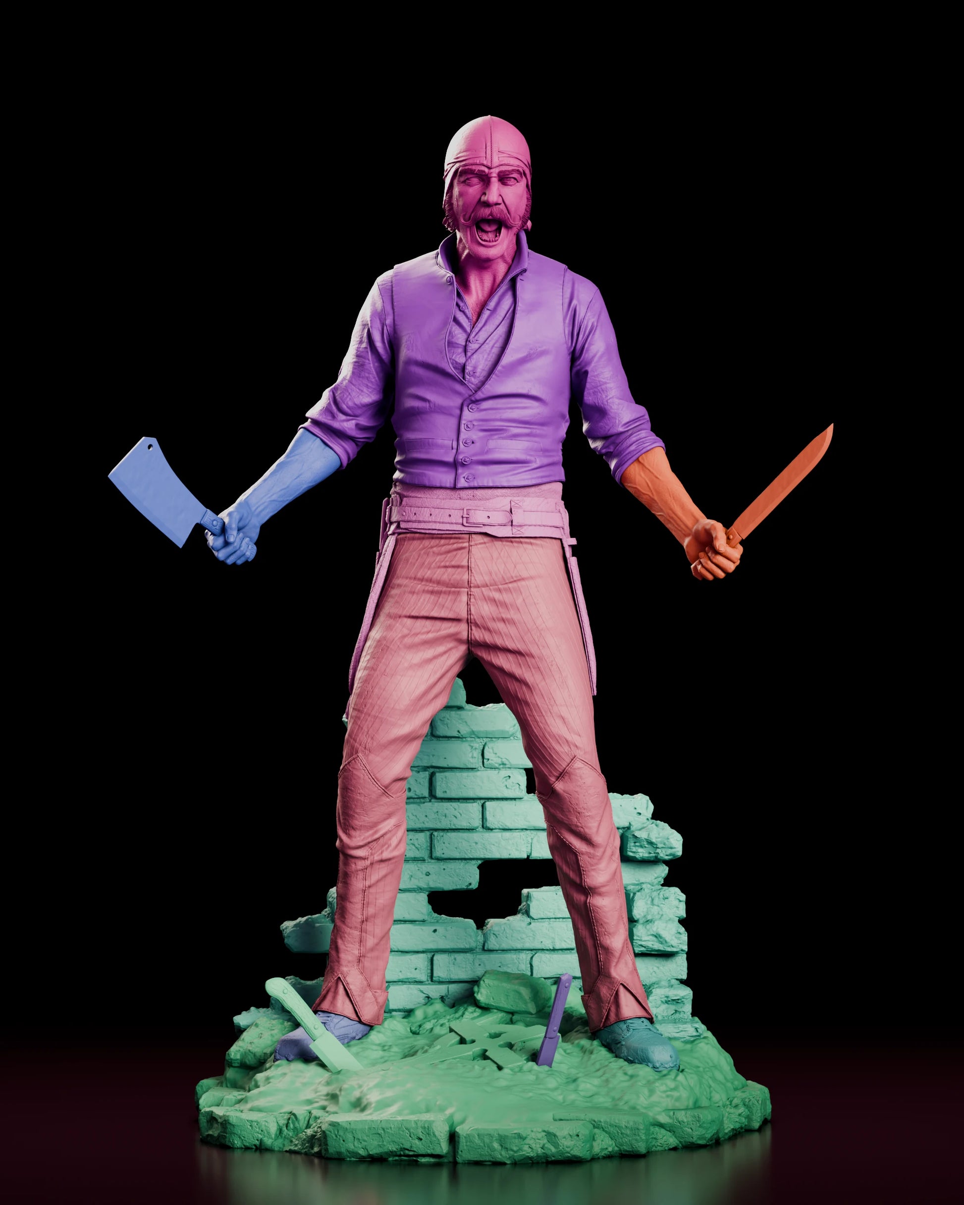 Parts breakdown of the Bill the Butcher figure model kit showing the separate head, torso, arms with cleaver and knife, legs, boots, brick wall and cobbled base
