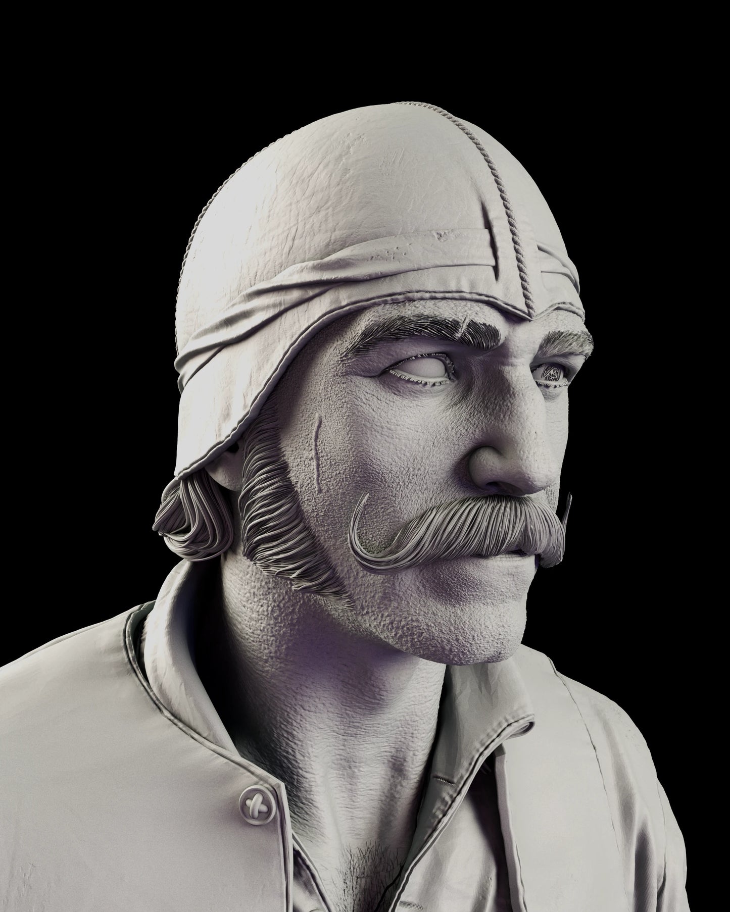 Alternate head portrait of the Bill the Butcher figure model kit with his mouth closed and jaw set, wearing the skullcap, with a scar sculpted on his cheek