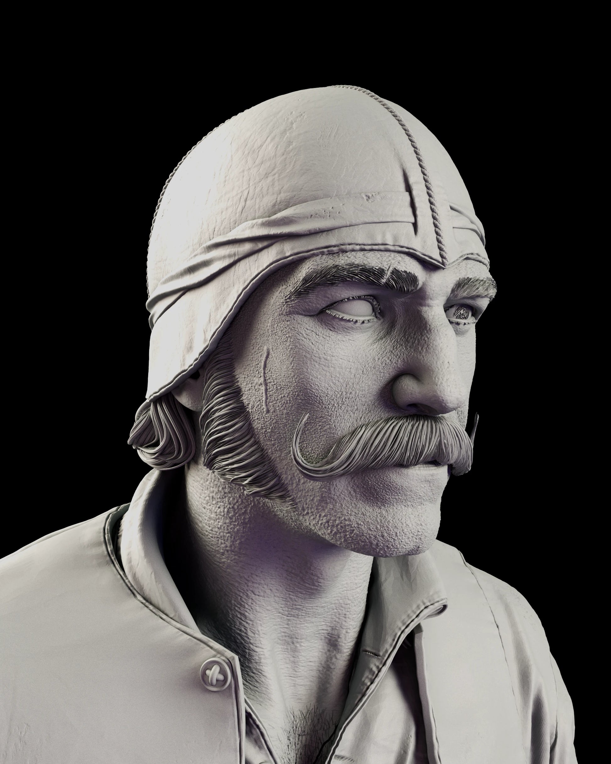 Alternate head portrait of the Bill the Butcher figure model kit with his mouth closed and jaw set, wearing the skullcap, with a scar sculpted on his cheek