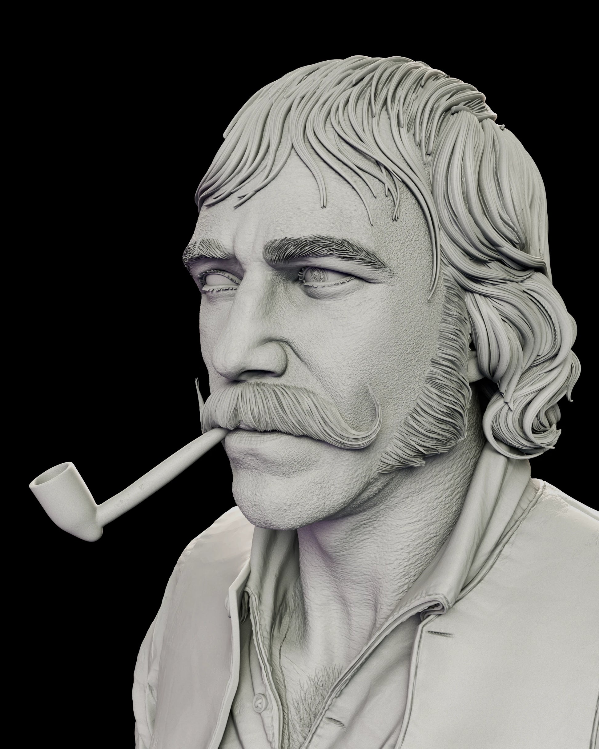 Alternate head portrait of the Bill the Butcher figure model kit smoking a clay pipe bare-headed, showing the full hair and sideburns