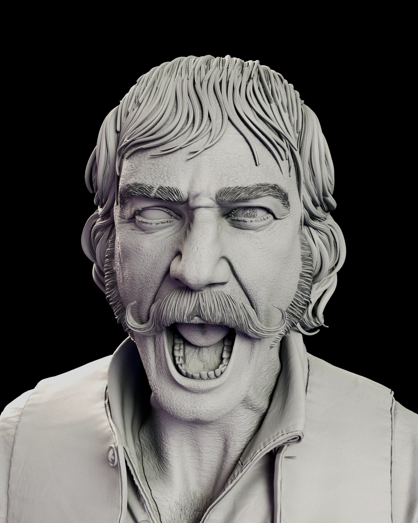Alternate head portrait of the Bill the Butcher figure model kit roaring bare-headed with swept back hair and a handlebar moustache