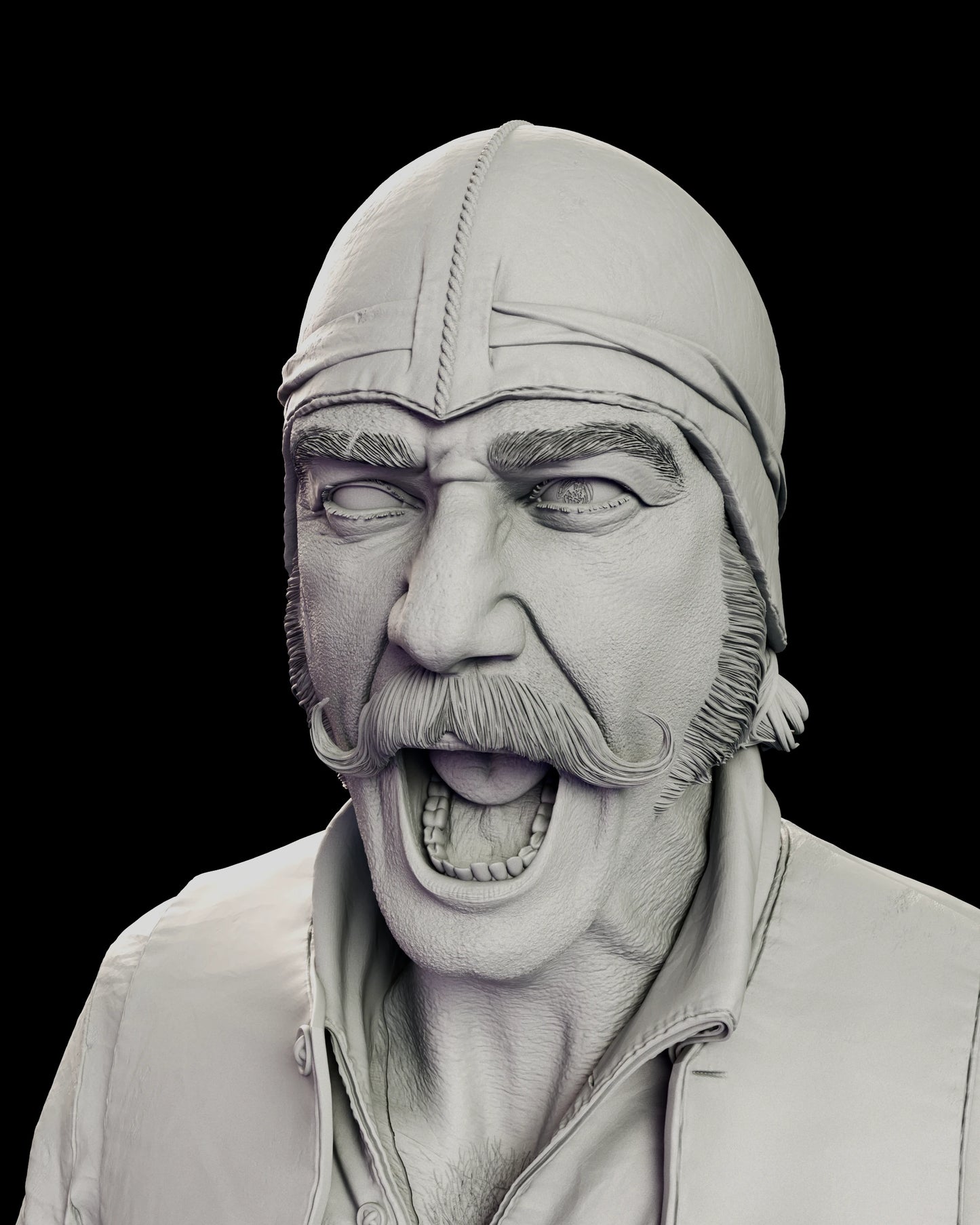 Alternate head portrait of the Bill the Butcher figure model kit roaring with his mouth open, wearing the skullcap over a handlebar moustache