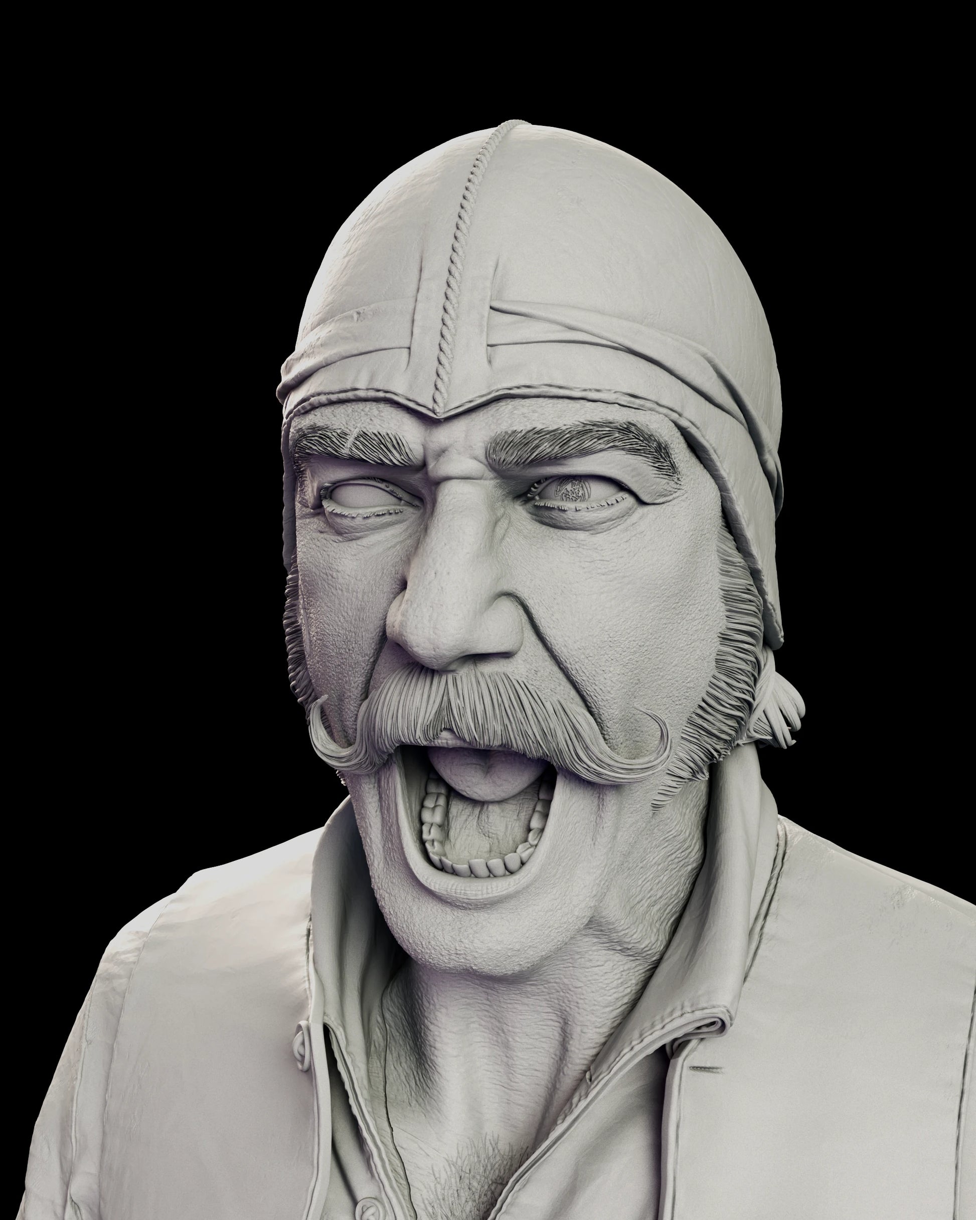 Alternate head portrait of the Bill the Butcher figure model kit roaring with his mouth open, wearing the skullcap over a handlebar moustache