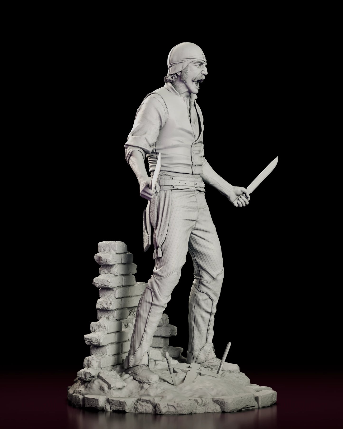 Right side view of the Bill the Butcher figure model kit showing the extended cleaver arm, the tall boots and the crumbling brick wall behind him