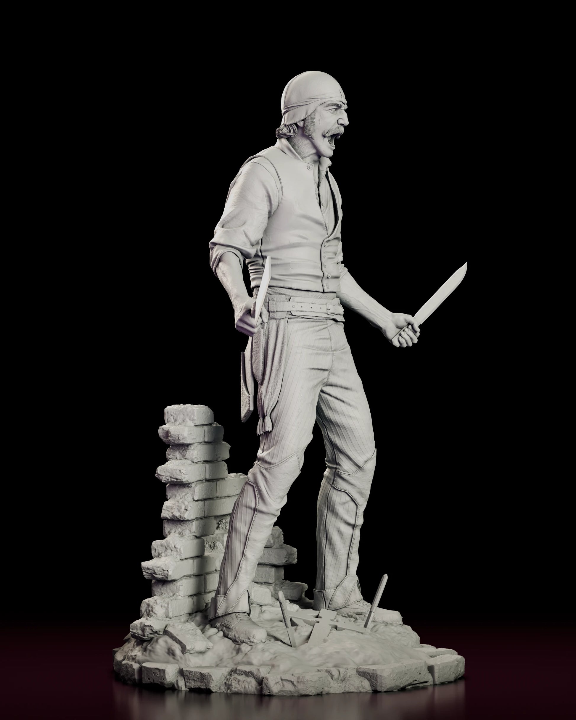 Right side view of the Bill the Butcher figure model kit showing the extended cleaver arm, the tall boots and the crumbling brick wall behind him