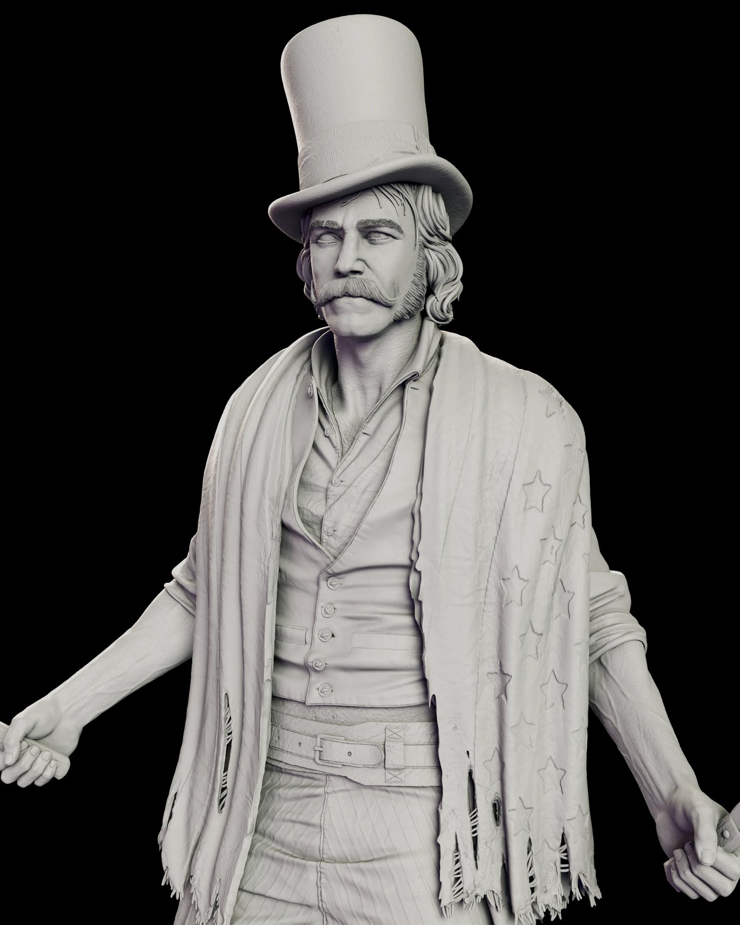 Detail of the Bill the Butcher figure model kit shown with the optional stovepipe top hat and the tattered American flag draped across his shoulders