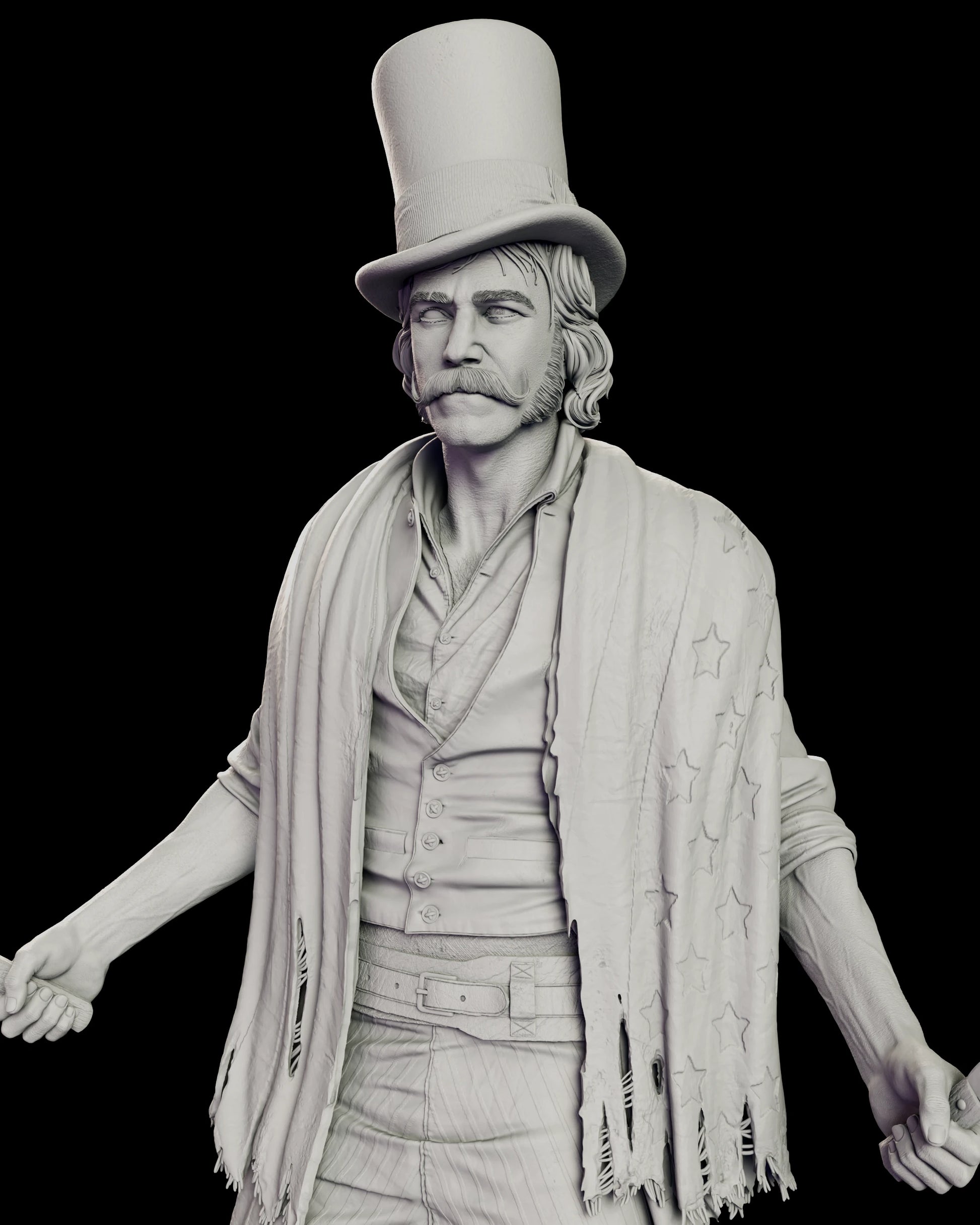Detail of the Bill the Butcher figure model kit shown with the optional stovepipe top hat and the tattered American flag draped across his shoulders