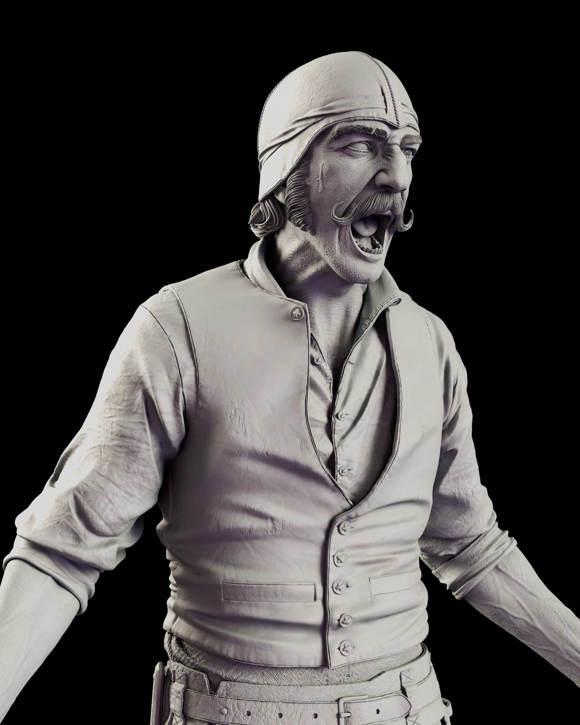 Close detail of the Bill the Butcher figure model kit showing the buttoned waistcoat, rolled shirtsleeves and heavy belt beneath a roaring portrait