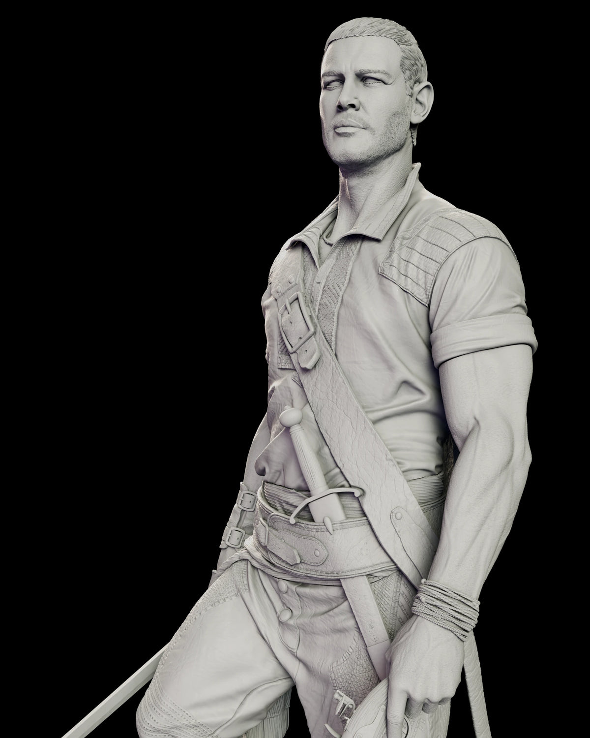 Upper body detail of the Billy Bones figure model kit showing the baldric across the chest, the buckled belt and the dagger at his hip