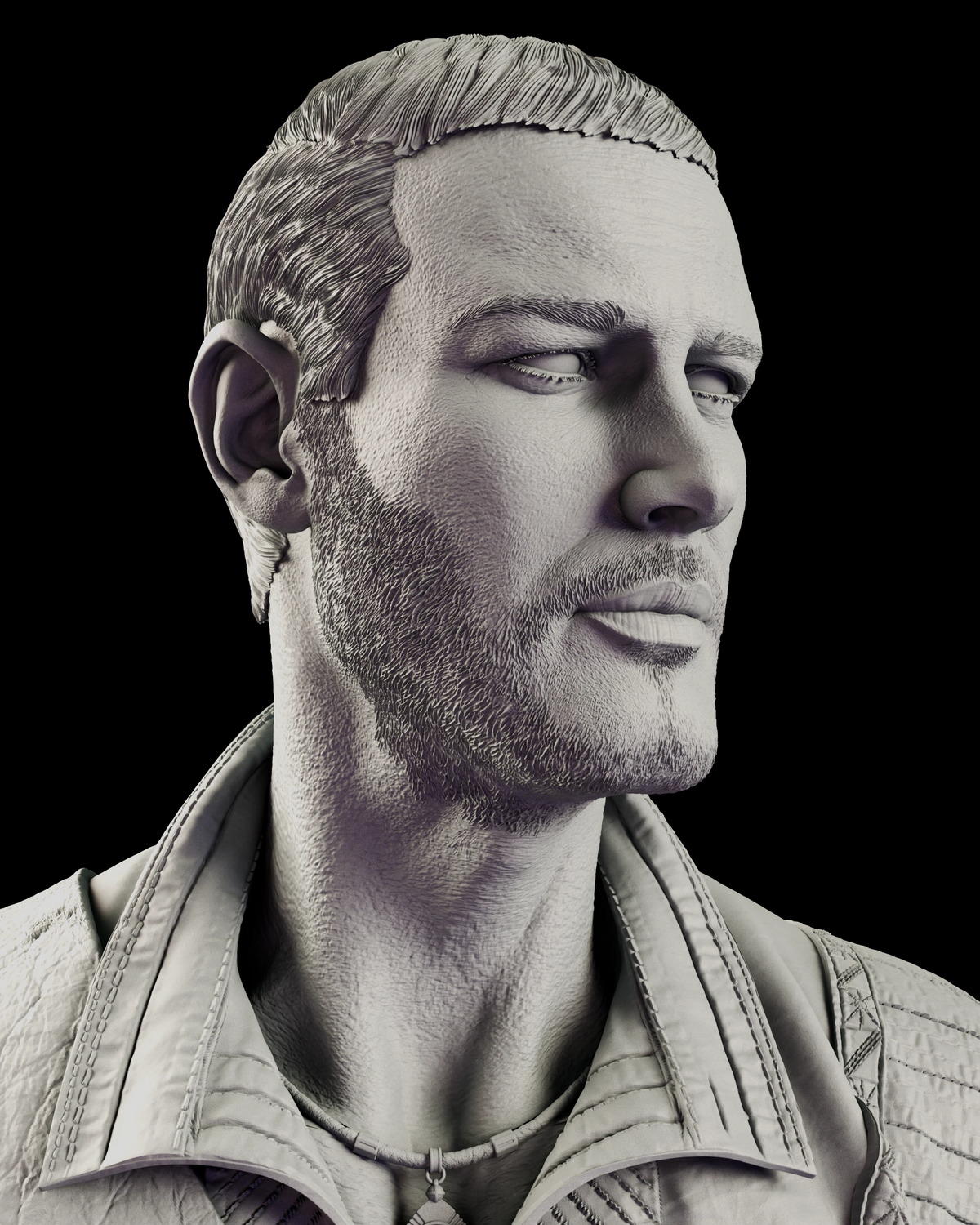 Portrait detail of the Billy Bones figure model kit with swept back hair, a cropped beard and an open collar shirt