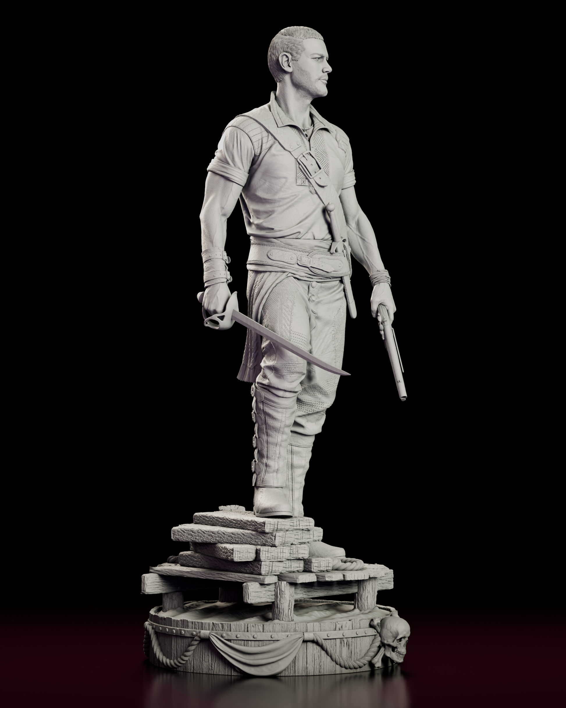 Right side view of the Billy Bones figure model kit with sword lowered and pistol in hand