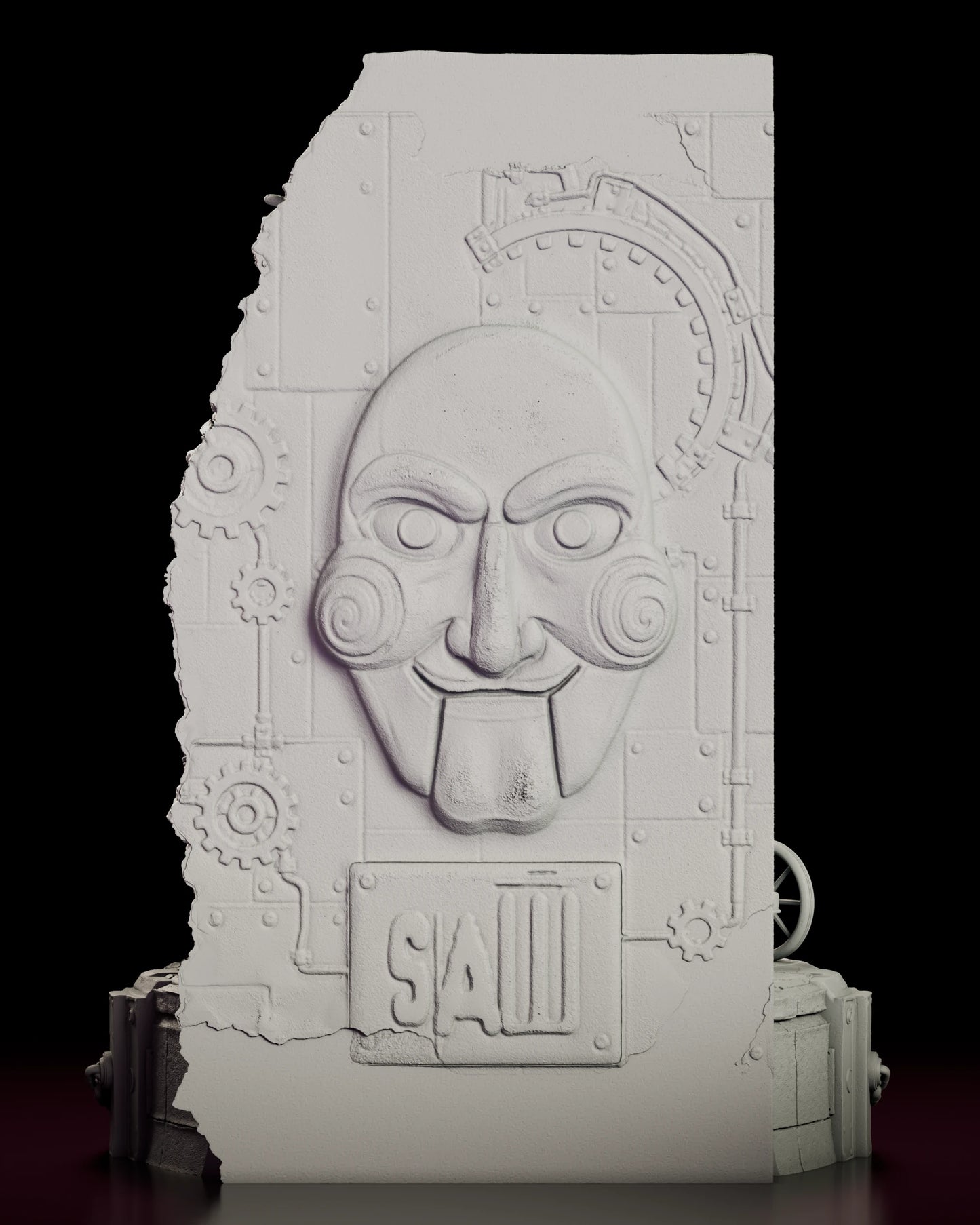 Rear view of the Billy the Puppet figure model kit showing the reverse of the wall, carved as a deep relief of the puppet face surrounded by gears, pipework and a riveted plate