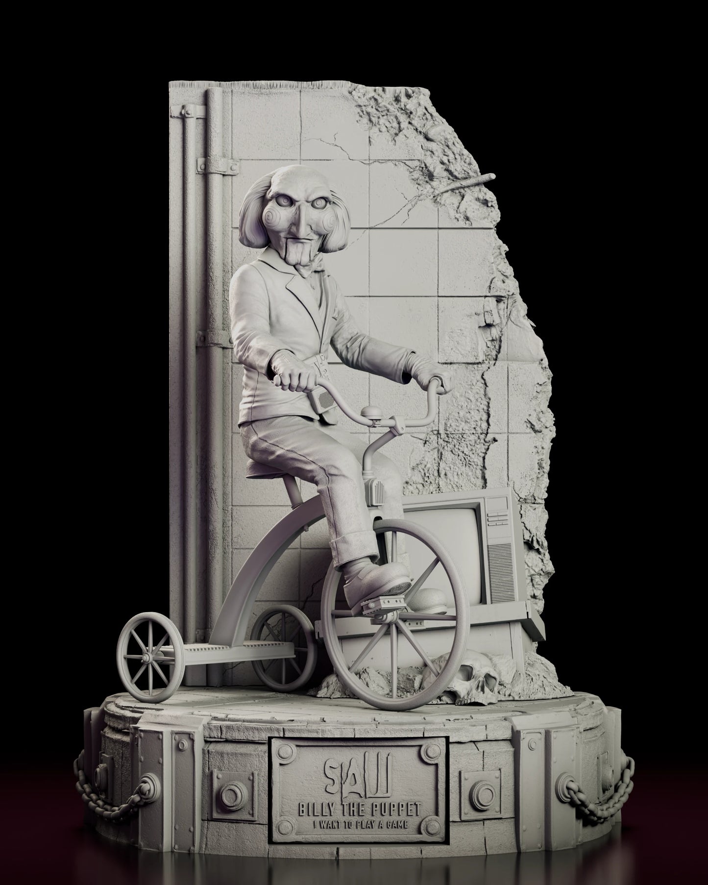 Front view of the Billy the Puppet figure model kit sitting upright on the tricycle with the broken tiled wall behind him and the nameplate set into the riveted base