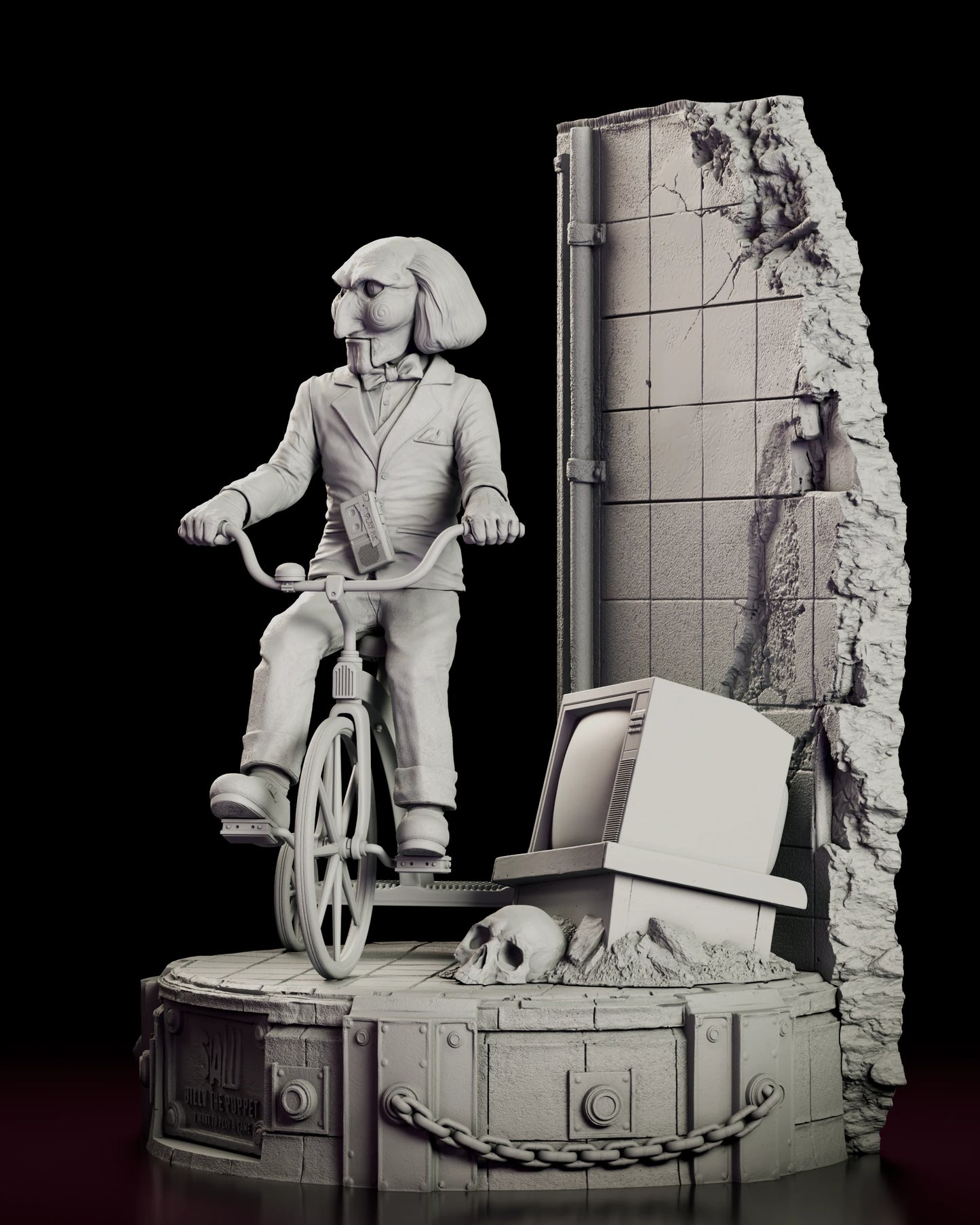 Left side view of the Billy the Puppet figure model kit showing the tipped-over television in the rubble, the skull beside it and the ragged broken edge of the tiled wall with exposed rebar