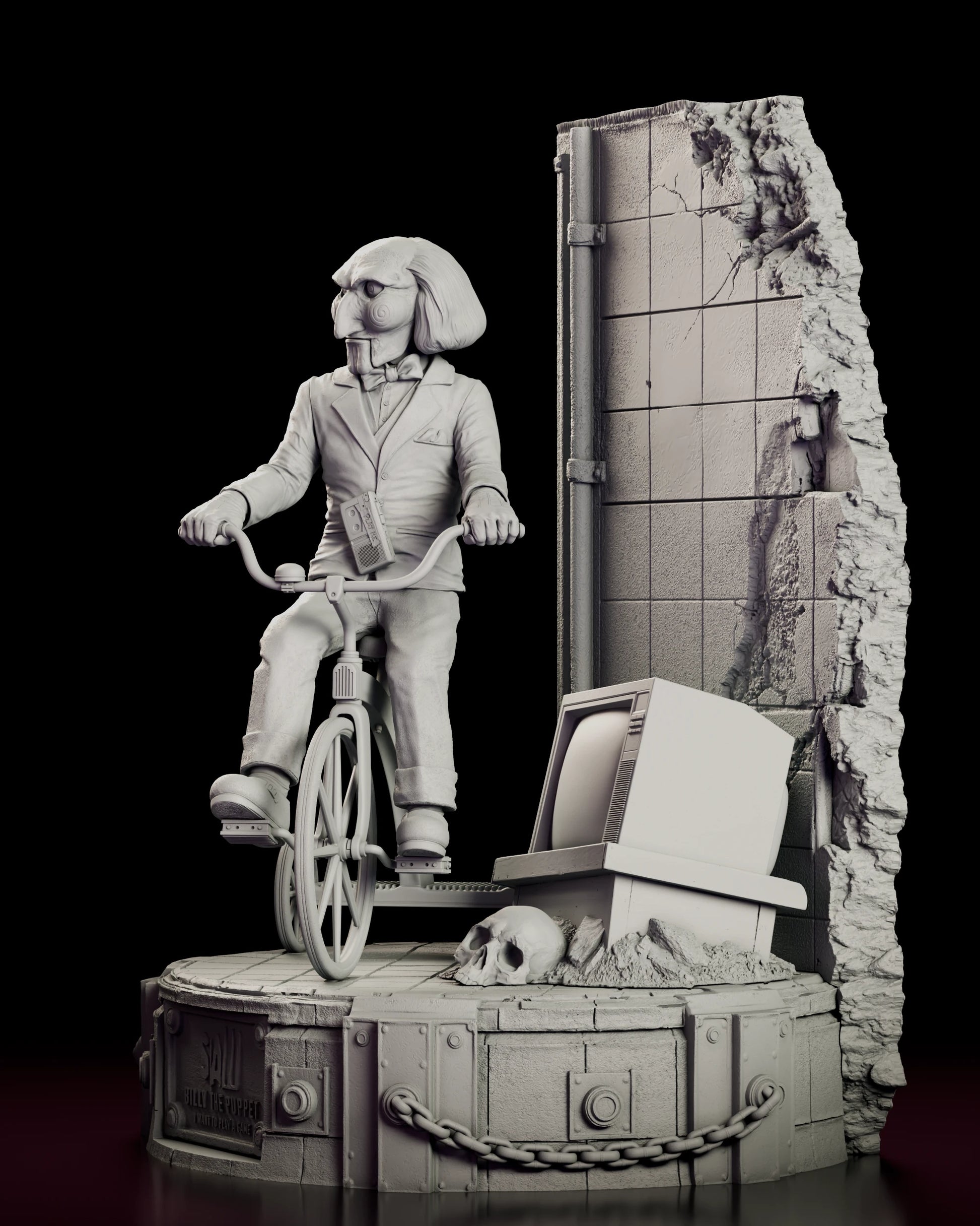 Left side view of the Billy the Puppet figure model kit showing the tipped-over television in the rubble, the skull beside it and the ragged broken edge of the tiled wall with exposed rebar