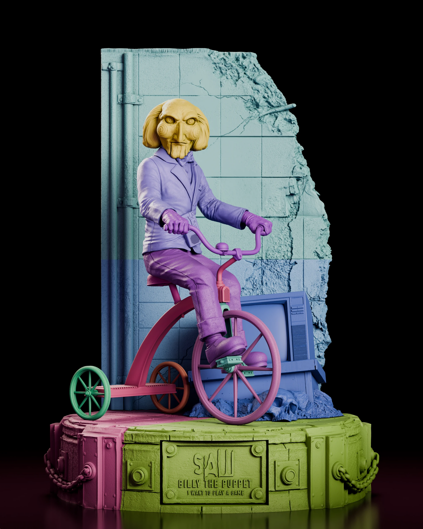 Parts breakdown of the Billy the Puppet figure model kit with the head, suited body, tricycle, television, broken wall, rubble and riveted display platform shown in separate colours