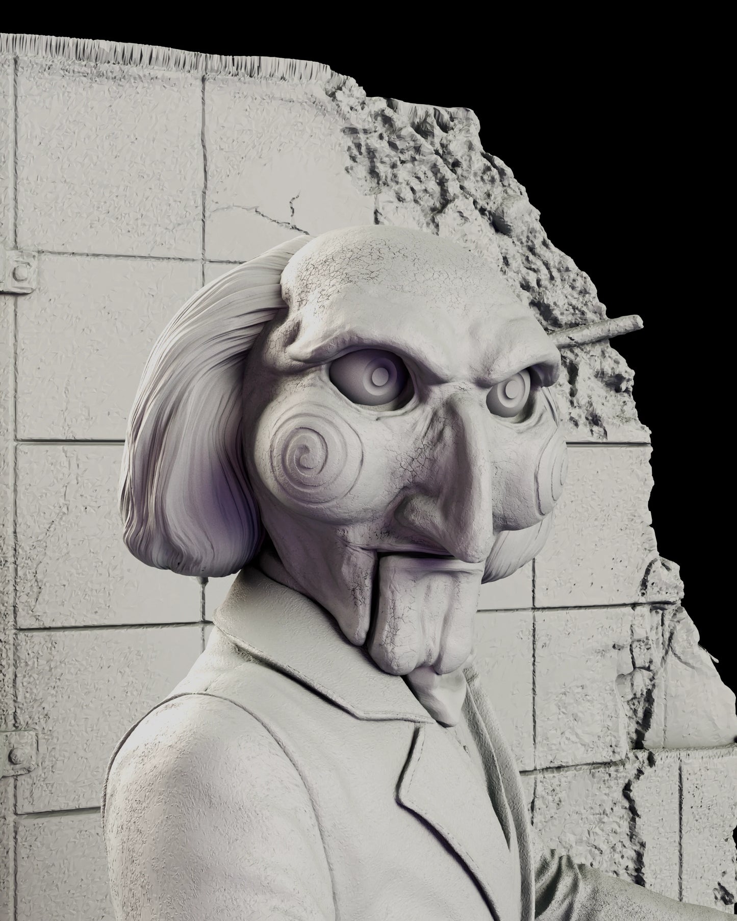 Portrait detail of the Billy the Puppet figure model kit, showing the domed skull and blunt bob of hair, the deep ringed eyes, the spiral discs carved into the cheeks and the hinged jaw hanging open