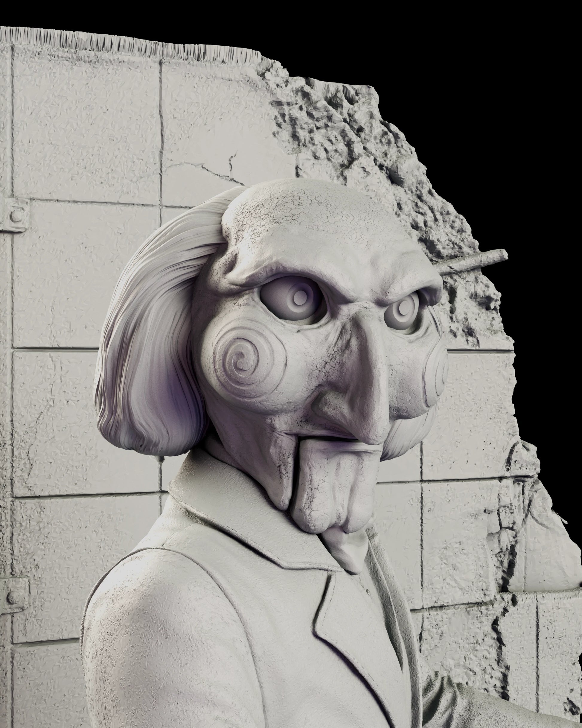 Portrait detail of the Billy the Puppet figure model kit, showing the domed skull and blunt bob of hair, the deep ringed eyes, the spiral discs carved into the cheeks and the hinged jaw hanging open