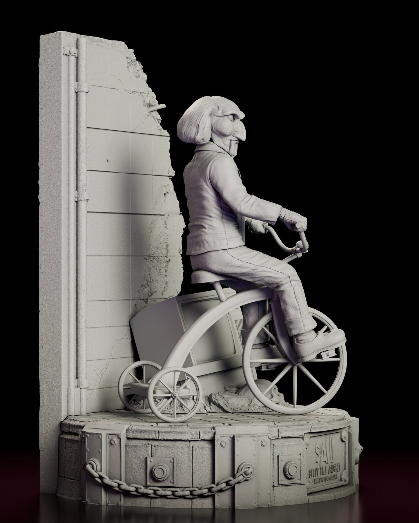 Right side view of the Billy the Puppet figure model kit showing the large spoked front wheel, the sprung saddle and footplate of the tricycle and the chain slung along the rim of the base
