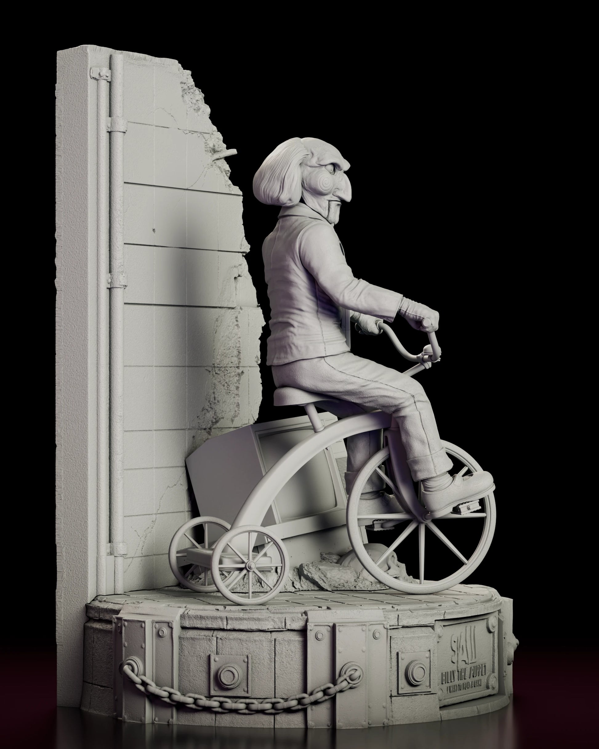 Right side view of the Billy the Puppet figure model kit showing the large spoked front wheel, the sprung saddle and footplate of the tricycle and the chain slung along the rim of the base