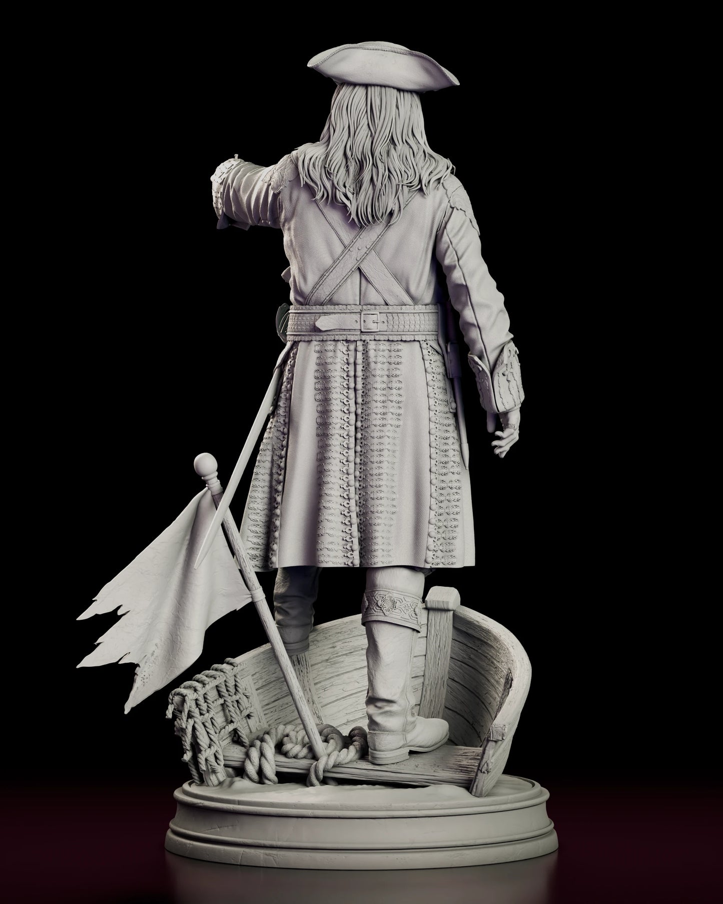 Rear view of the Blackbeard figure model kit showing the fall of the coat, the long hair beneath the tricorne and the planked hull of the longboat base