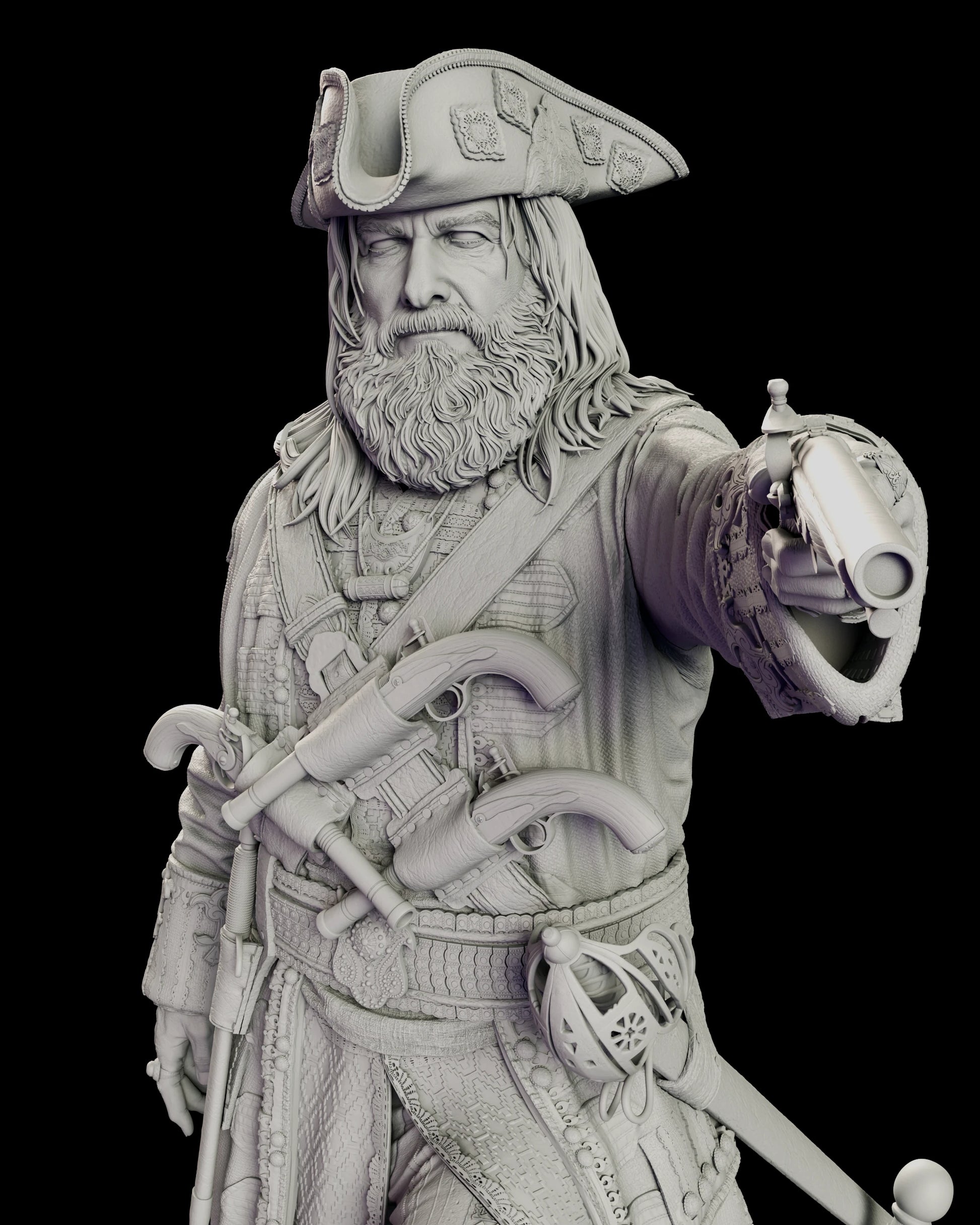 Close detail of the Blackbeard figure model kit showing the levelled flintlock pistol, the bandolier of four more pistols and the ornate powder flask at his hip