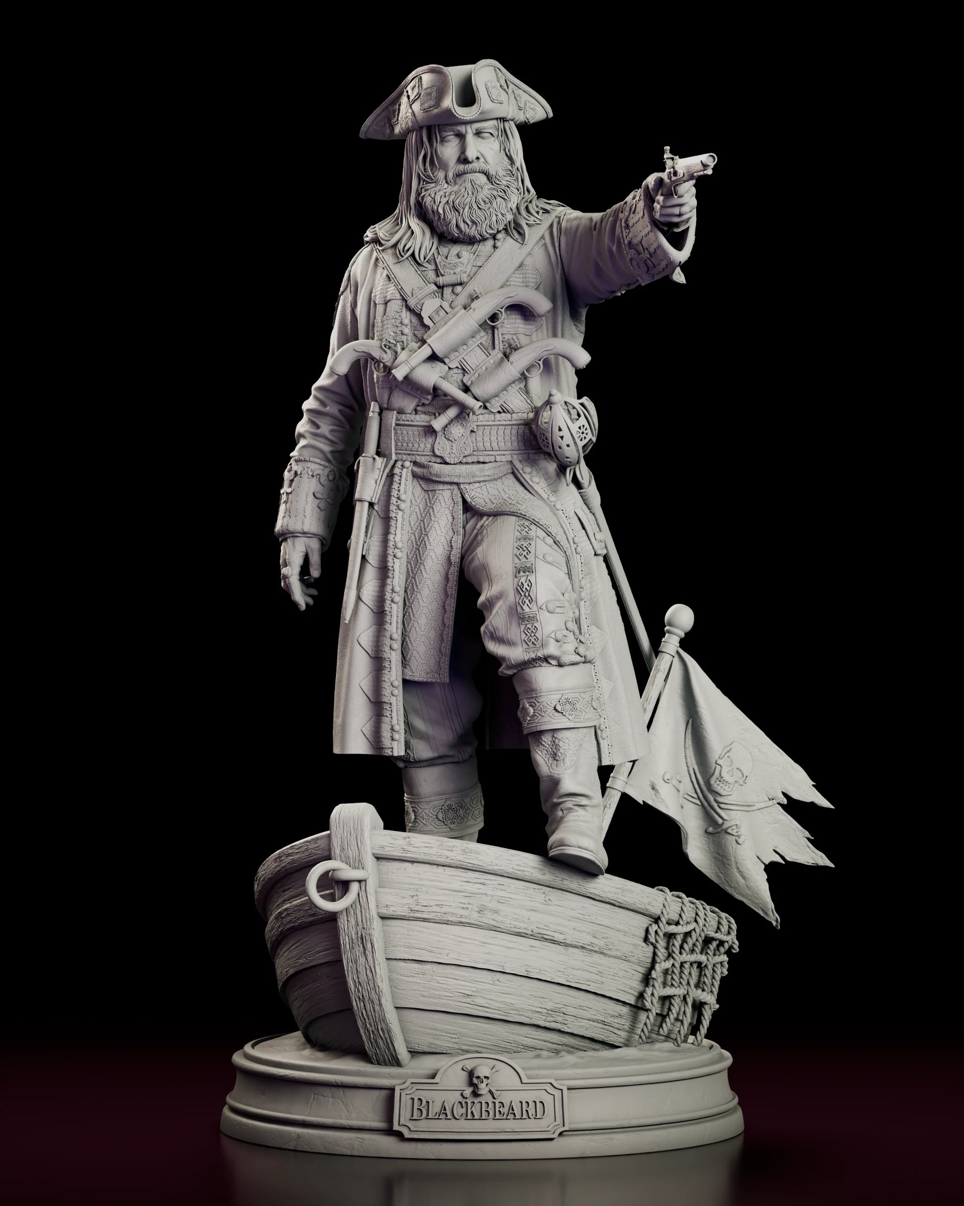 Front view of the Blackbeard figure model kit standing on a longboat hull with one flintlock raised and the Jolly Roger planted beside him